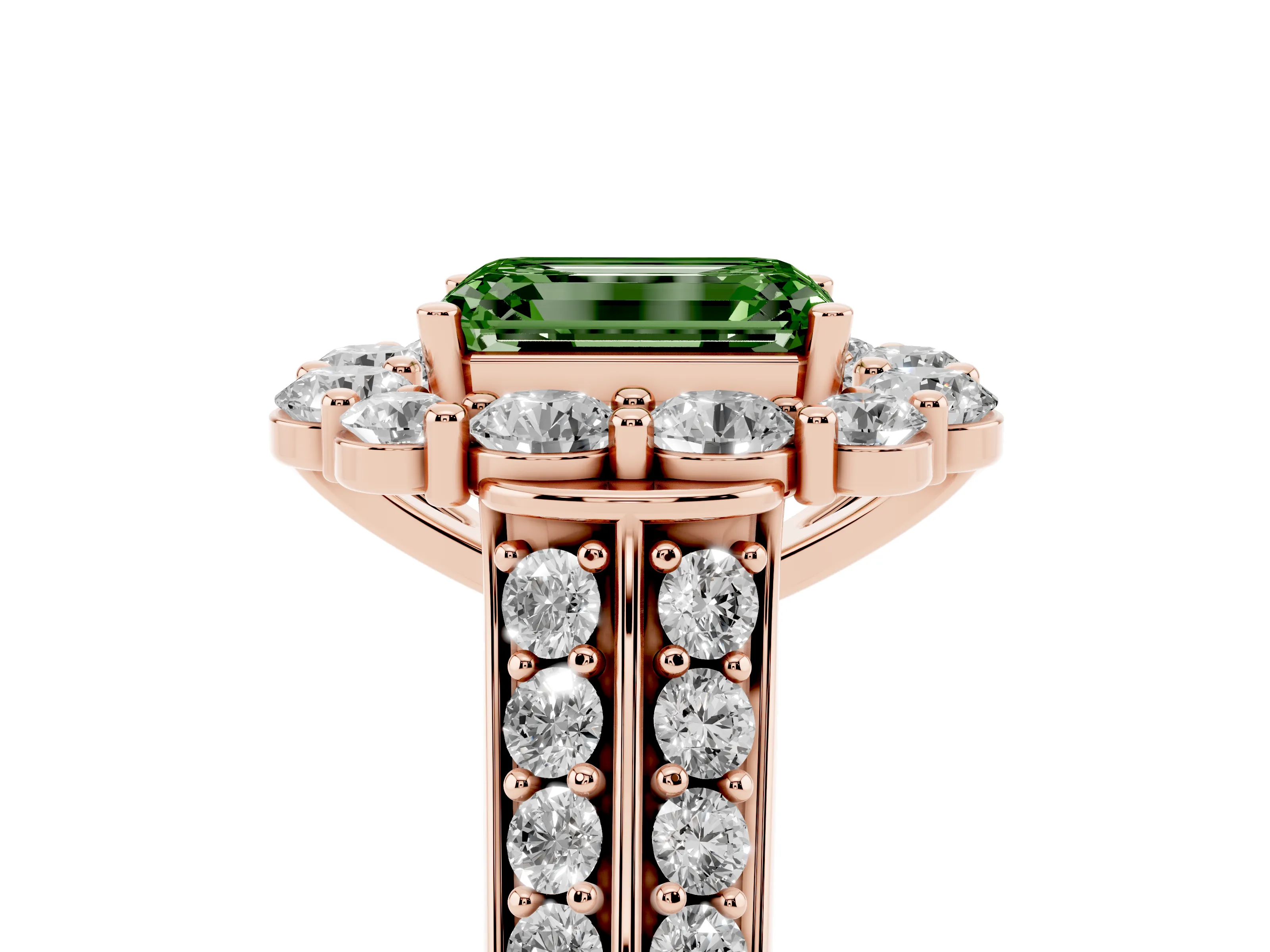 Fancy Green Emerald Cut Diamond Halo Engagement Ring Set in Rose gold with Split Shank and Prong Setting