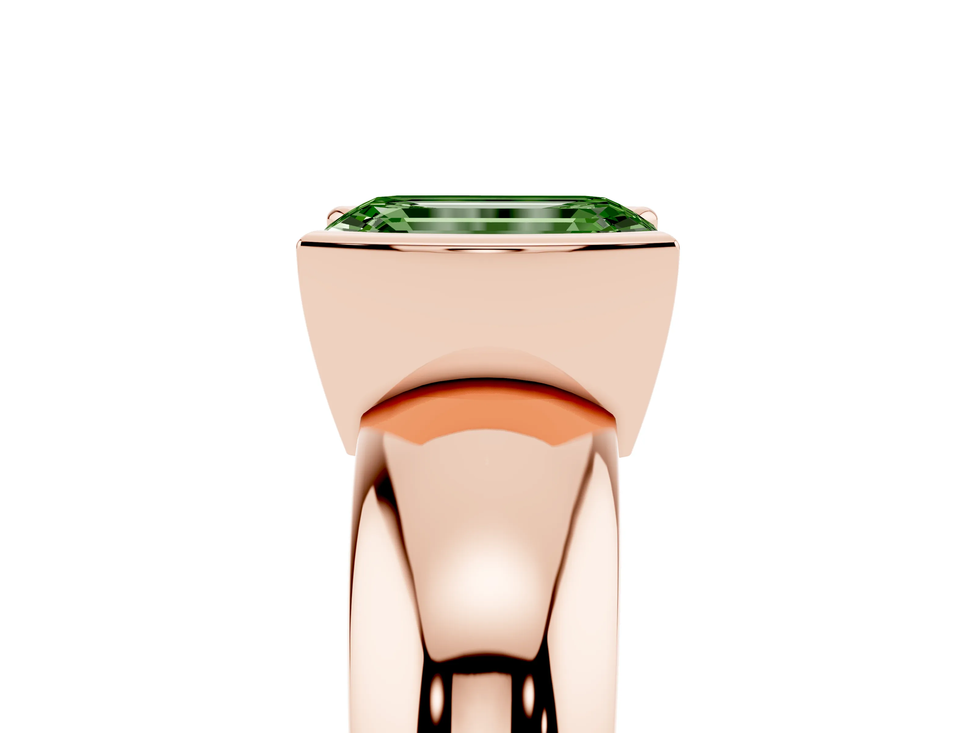 Fancy Green Emerald Cut Diamond Solitaire Tension Set Ring Set in Rose gold with Wide Band