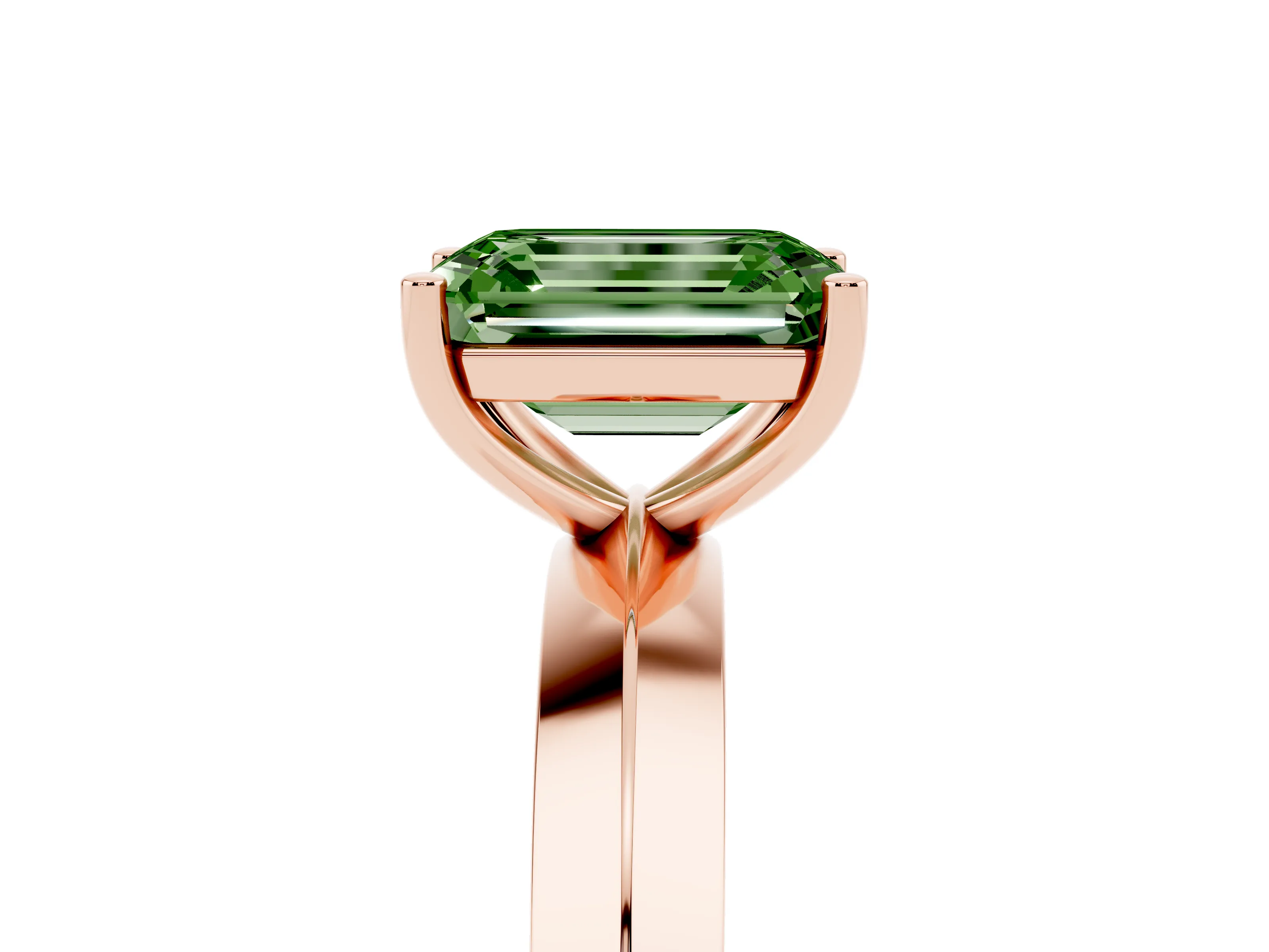 Fancy Green Emerald Cut Diamond Solitaire Engagement Ring Set in Rose gold with Flat Band and Prong Setting