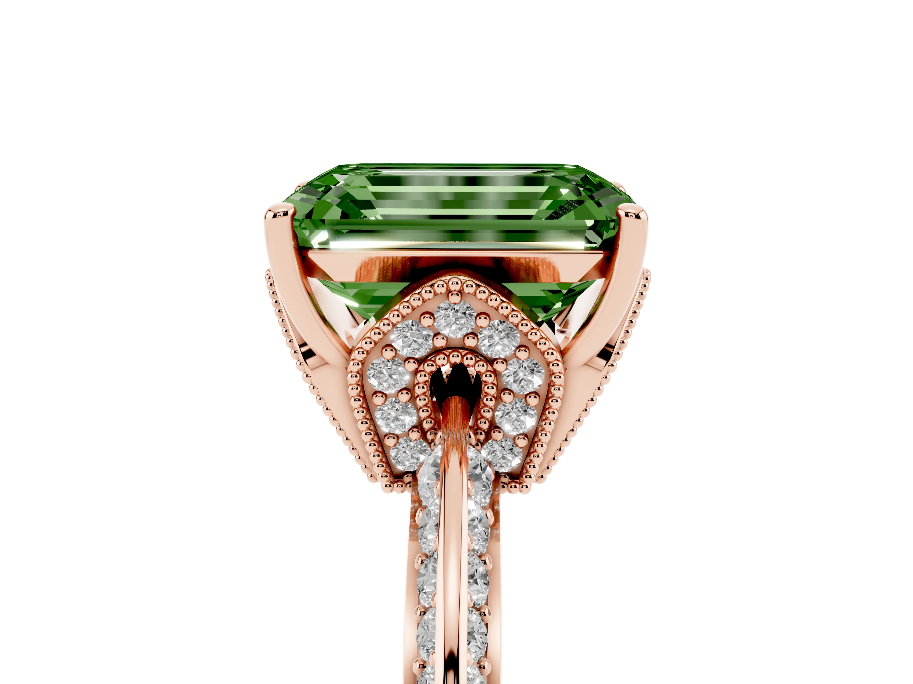 Fancy Green Emerald Cut Diamond Solitaire Engagement Ring Set in Rose gold with Pavé Split Shank and Prong Setting