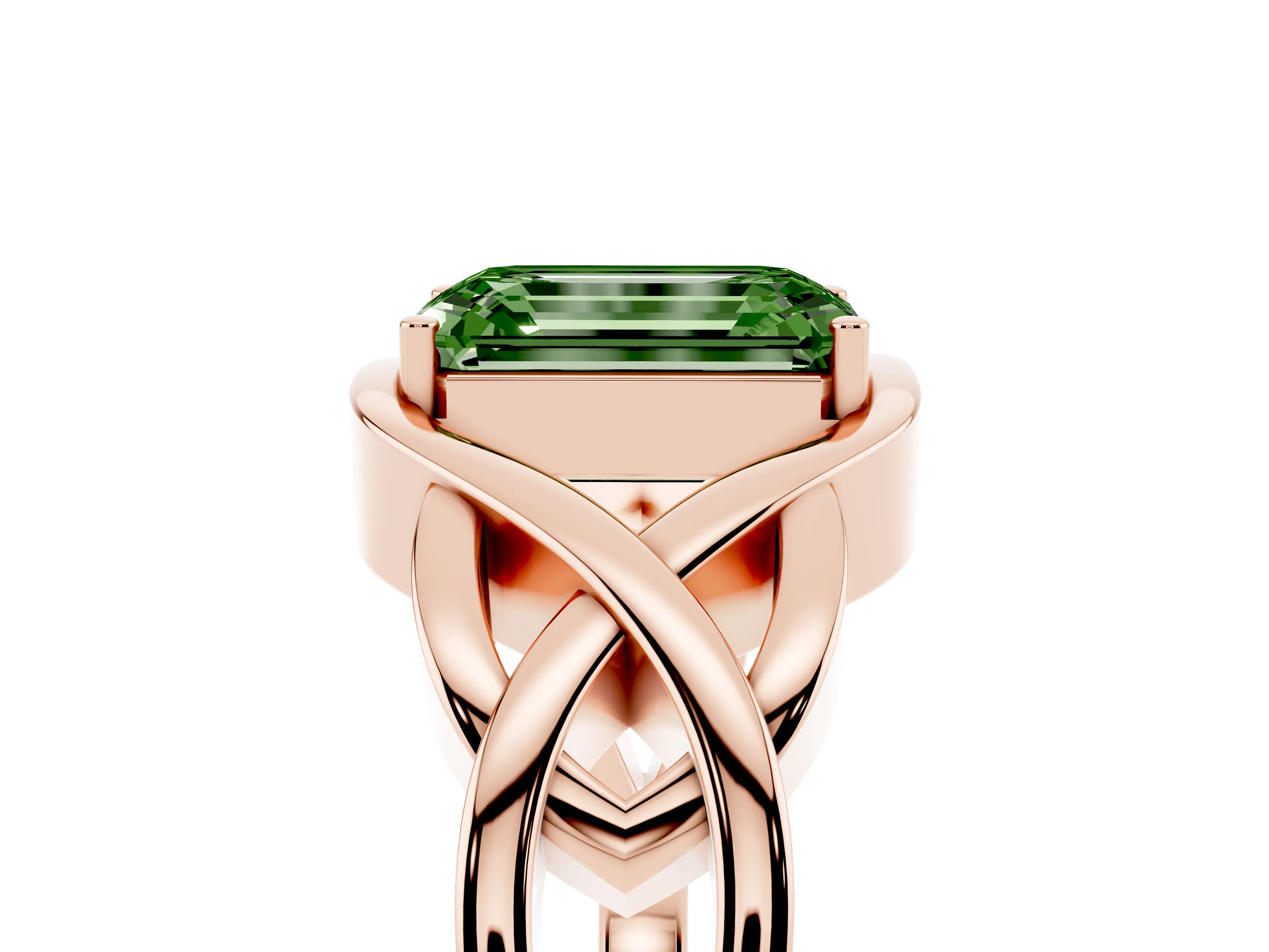 Fancy Green Emerald Cut Diamond Solitaire Ring Set in Rose gold with Intertwined Band