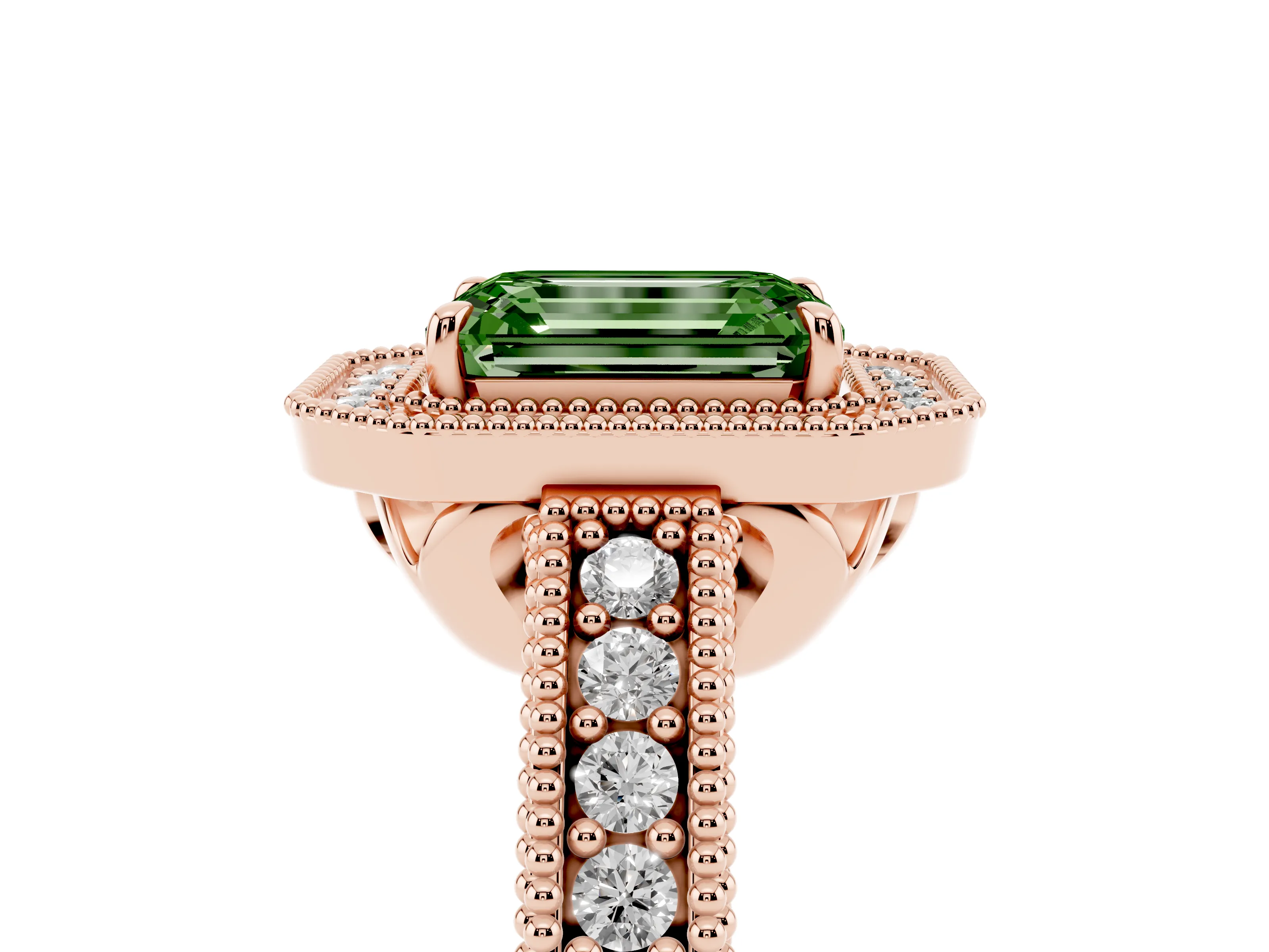 Fancy Green Emerald Cut Diamond Halo Ring Set in Rose gold with Round Accent Halo, Pavé Band and Prong Setting