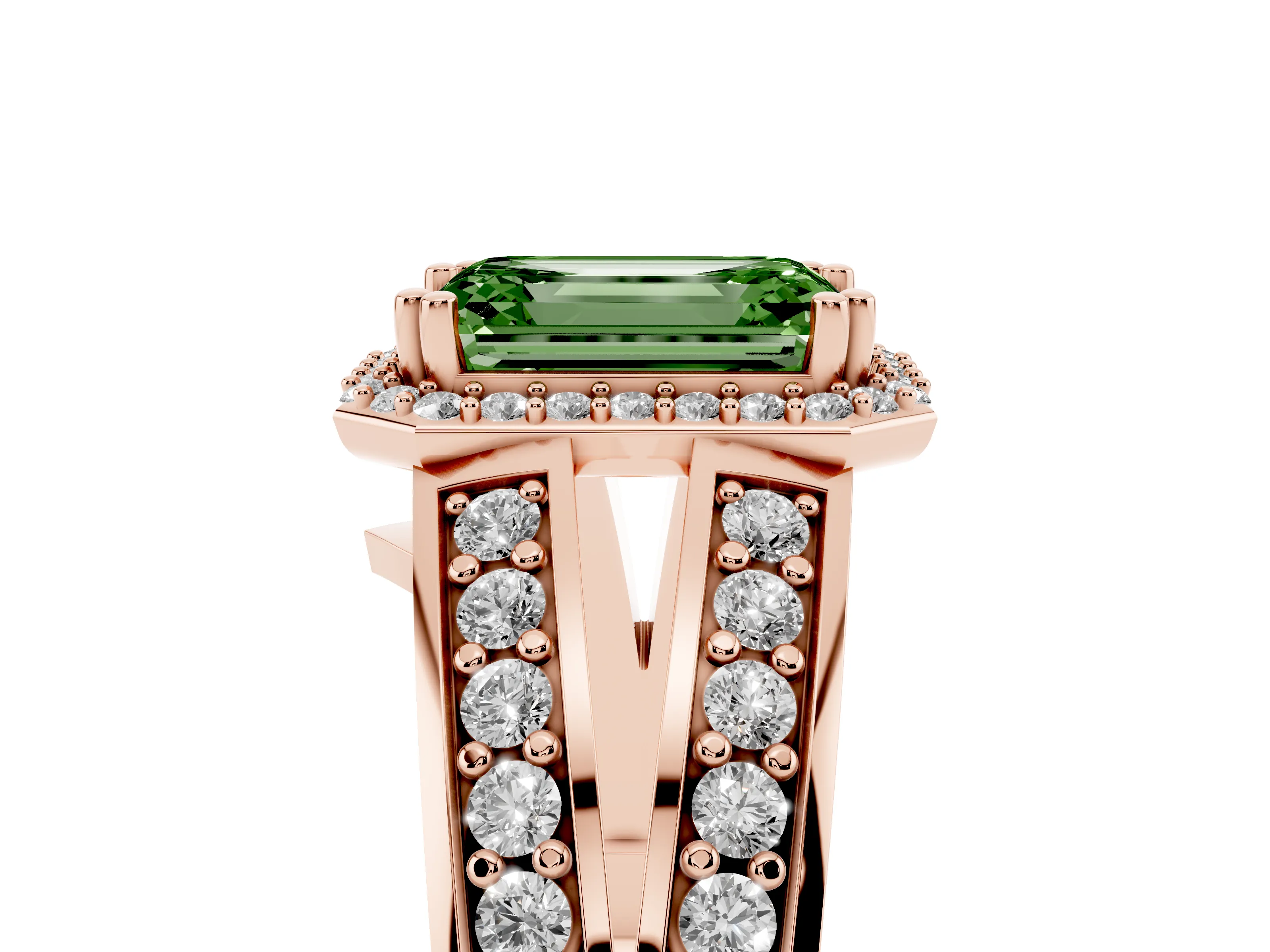 Fancy Green Emerald Cut Diamond Halo Ring Set in Rose gold with Double Pavé Split Shank