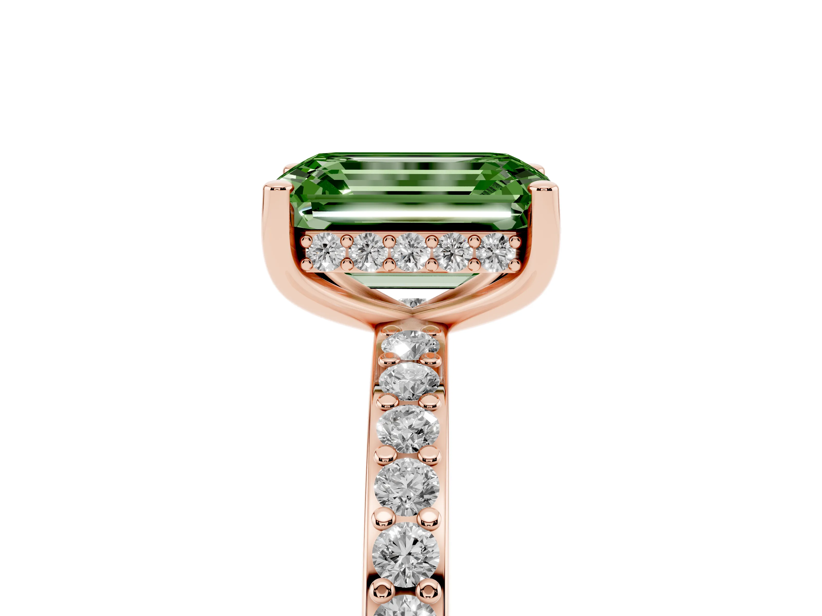 Fancy Green Emerald Cut Diamond Pavé Band Ring Set in Rose gold with Prong-Set Center Stone