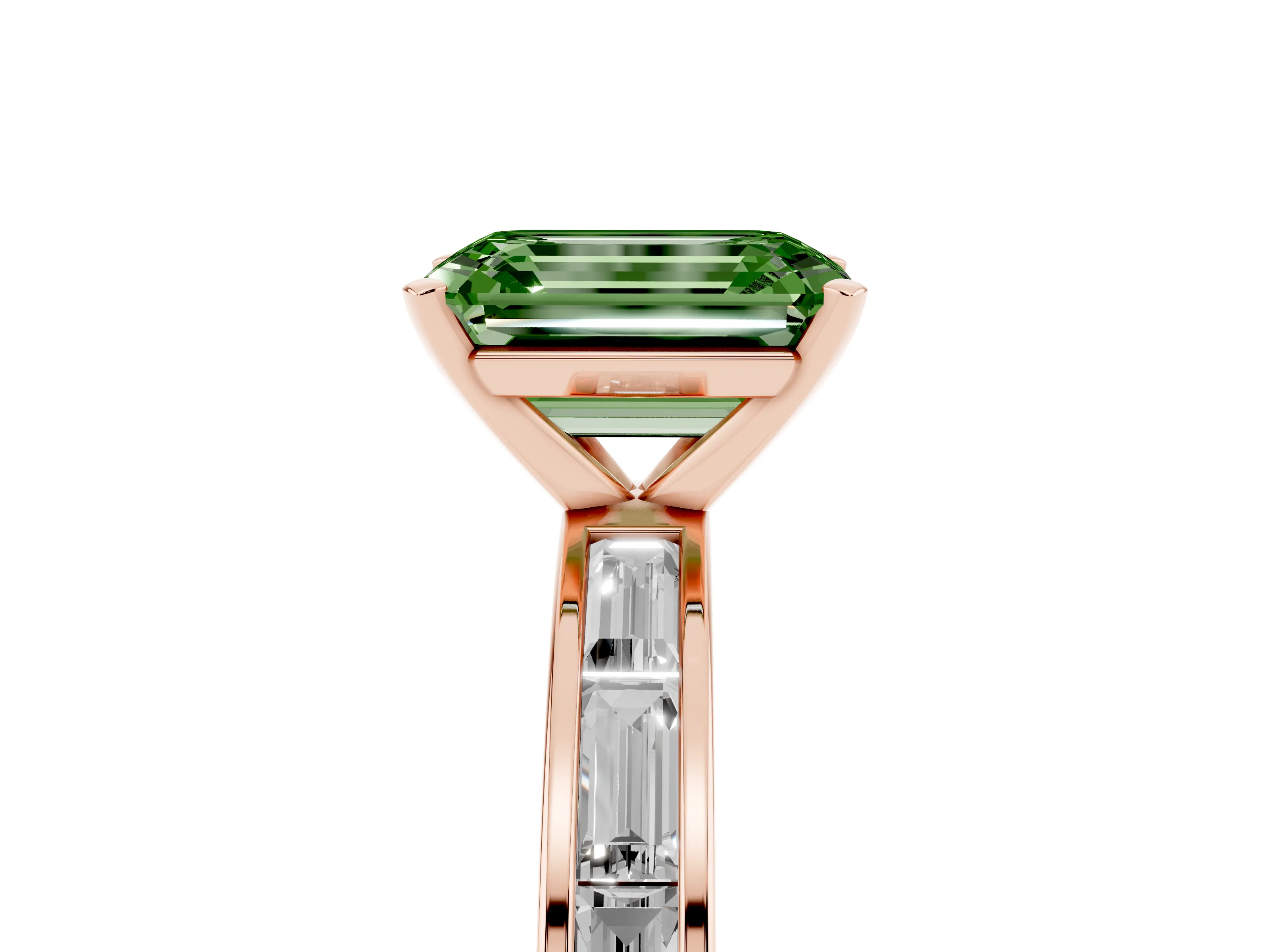 Fancy Green Emerald Cut Diamond Solitaire Ring Set in Rose gold with Channel-Set Baguette Band and Prong Setting