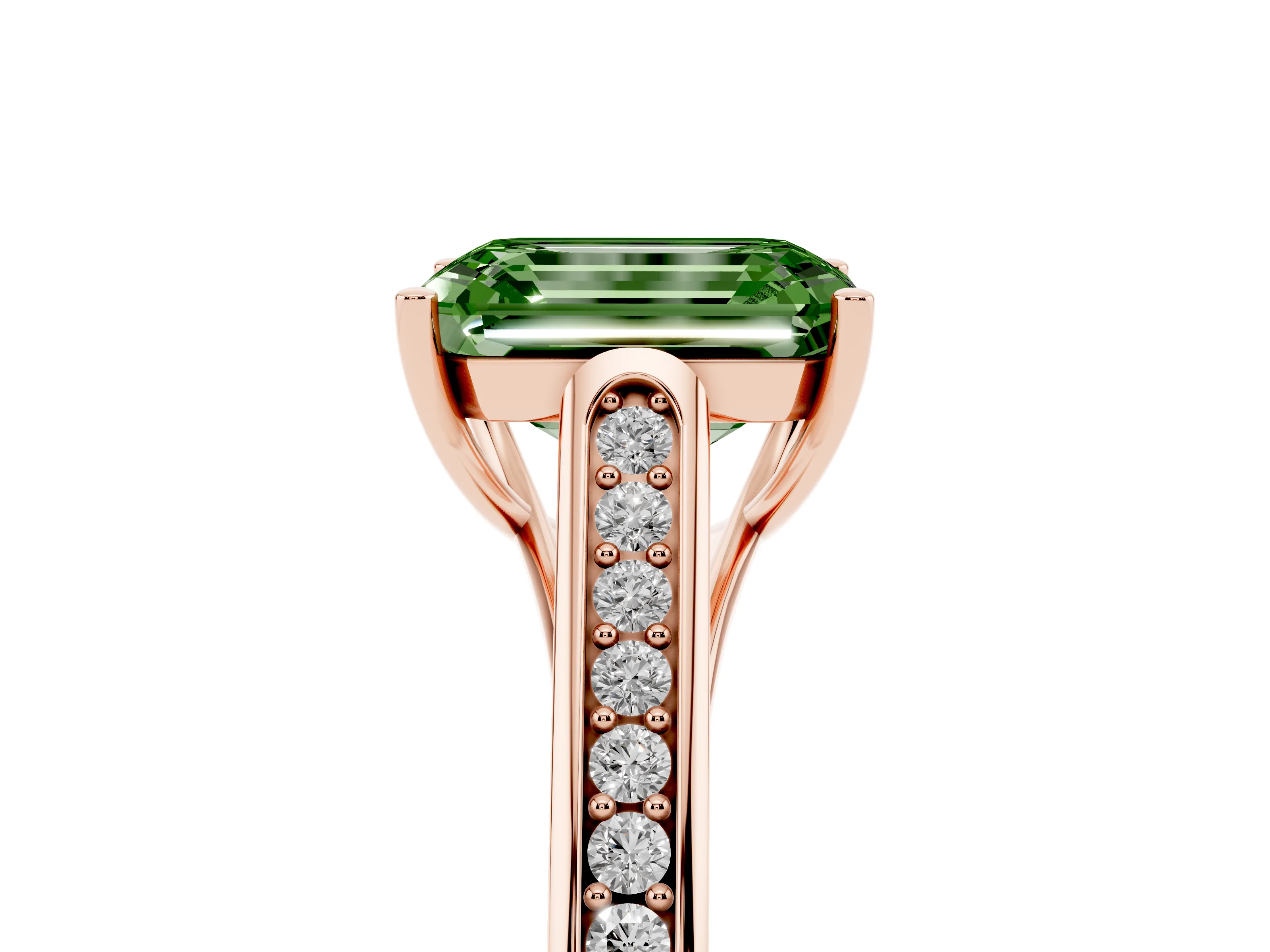 Fancy Green Emerald Cut Diamond Solitaire Cathedral Engagement Ring Set in Rose gold with Channel-Set Band and Prong Setting