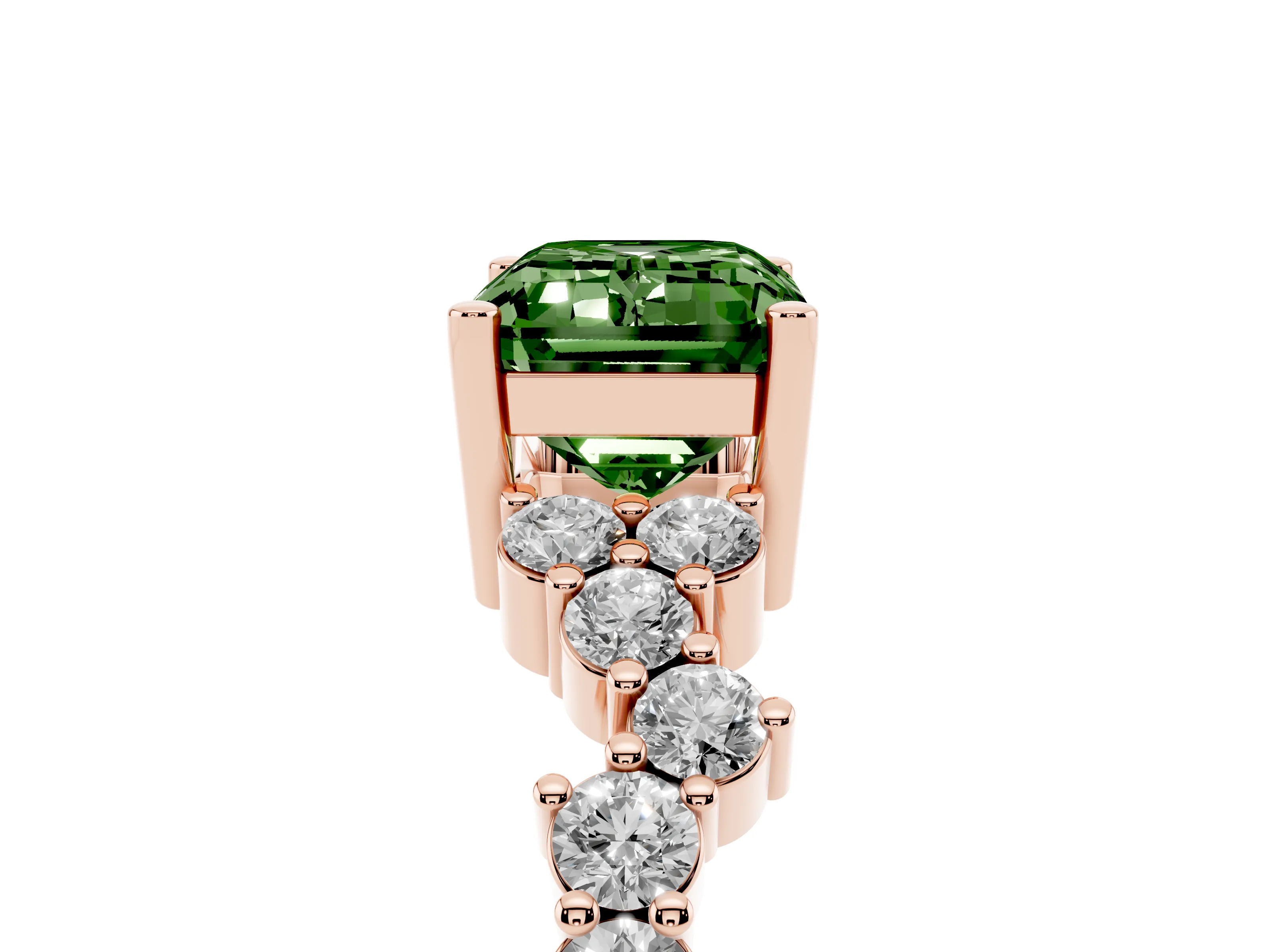 Fancy Green Emerald Cut Diamond Ring Set in Rose gold with Scattered Round Accents