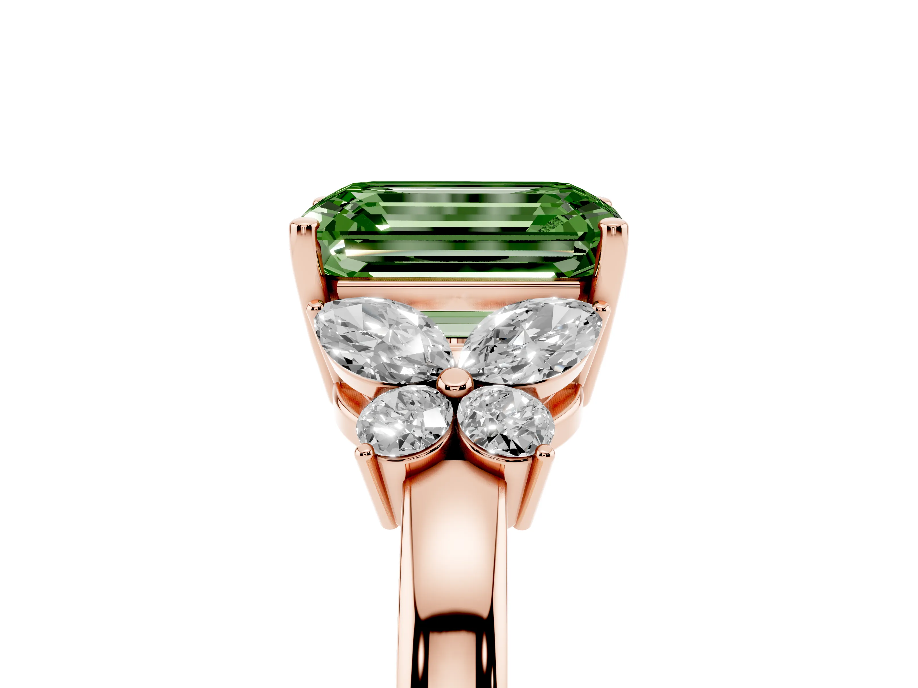 Fancy Green Emerald Cut Diamond Solitaire Floral Ring Set in Rose gold with Marquise Petals and Prong Setting