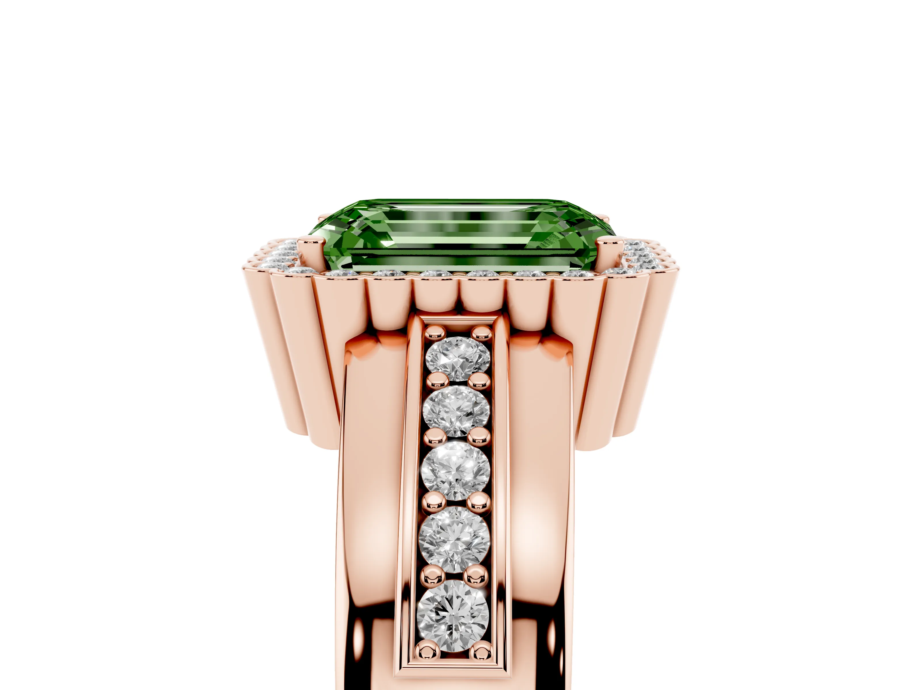 Fancy Green Emerald Cut Diamond Halo Prong Ring Set in Rose gold with Pavé Band