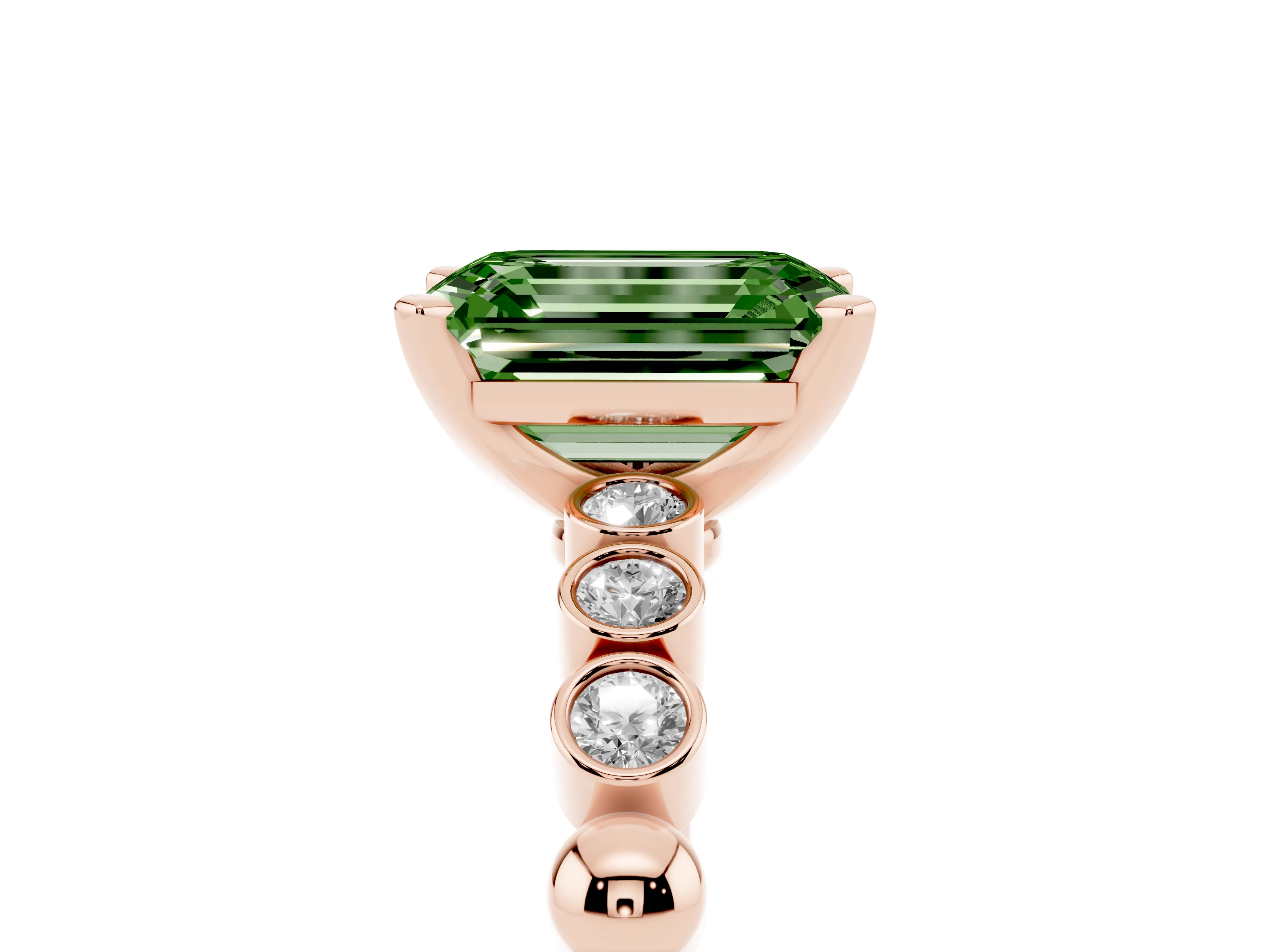 Fancy Green Emerald Cut Diamond Solitaire Engagement Ring Set in Rose gold with Bezel Accents on Beaded Band