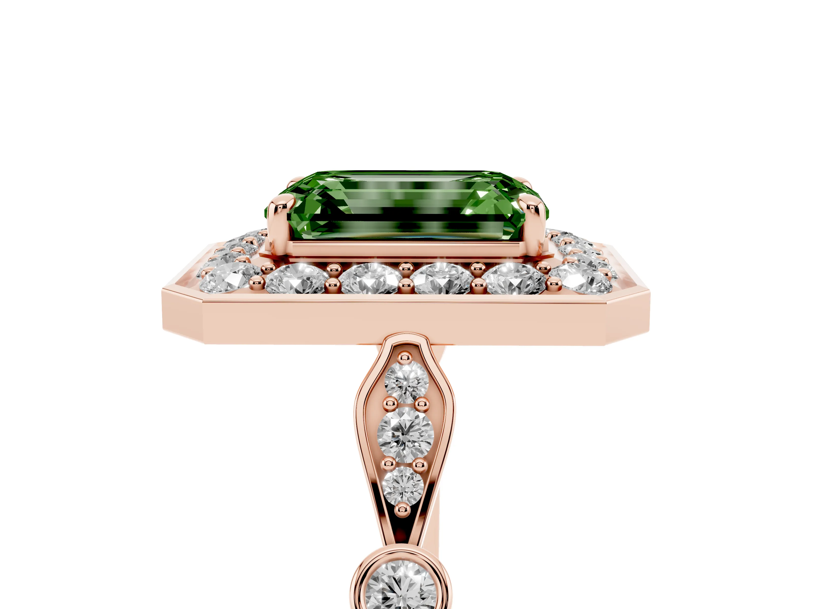 Fancy Green Emerald Cut Diamond Halo Engagement Ring Set in Rose gold with Twisted Band and Prong Setting