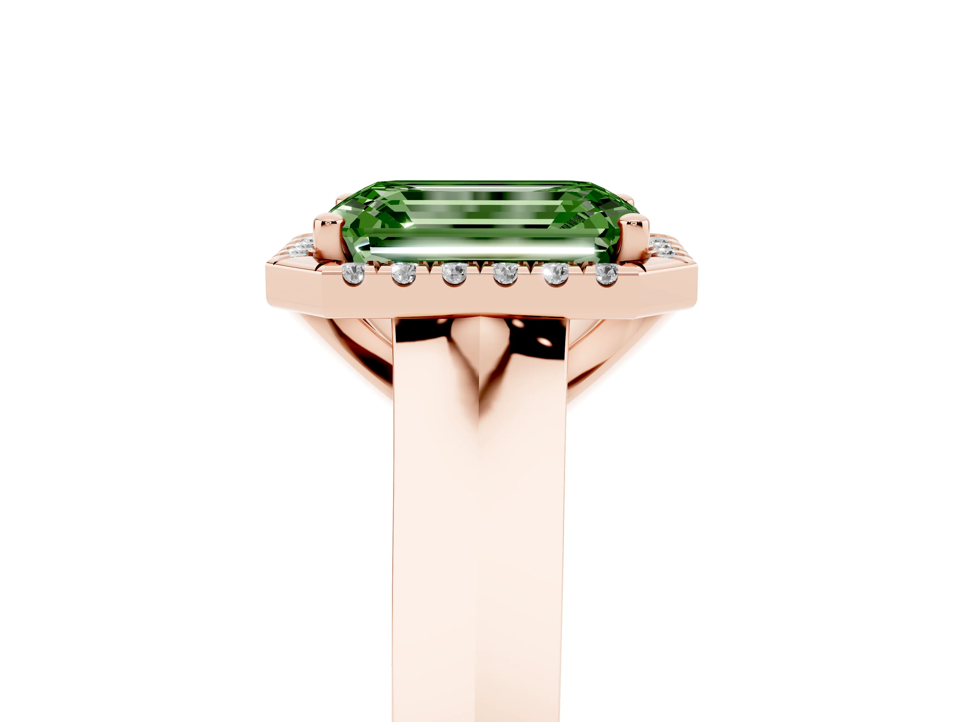 Fancy Green Emerald Cut Diamond Halo Ring Set in Rose gold with Cathedral Band and Prong Setting