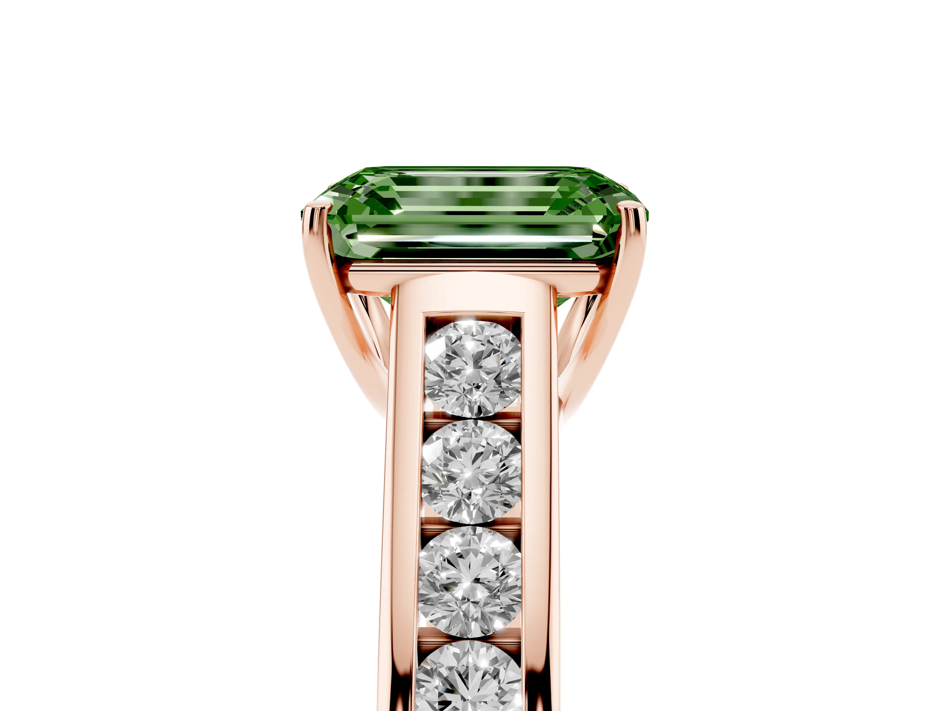 Fancy Green Emerald Cut Diamond Brilliant Channel-Set Solitaire Ring Set in Rose gold with Prong Setting