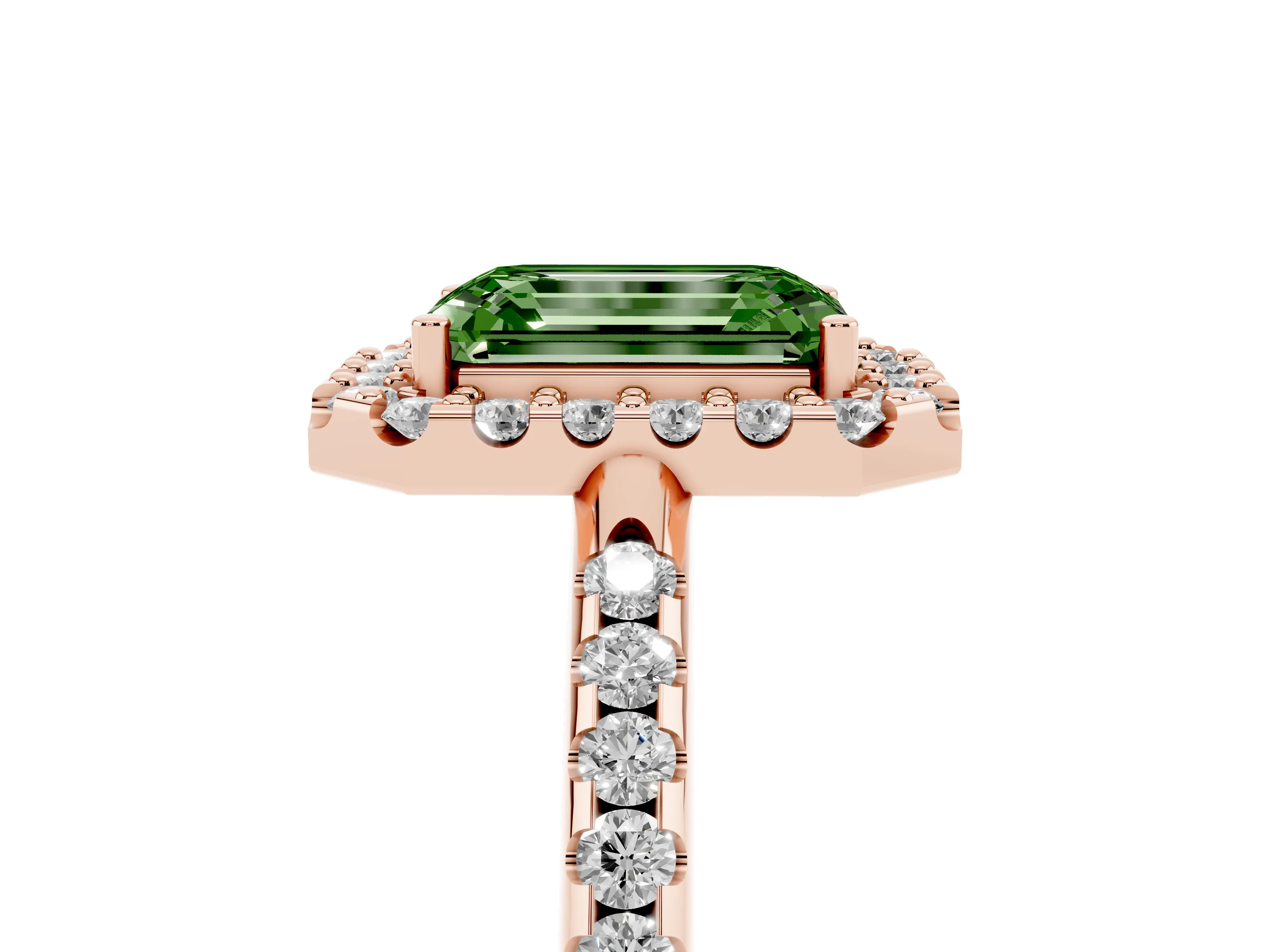 Fancy Green Emerald Cut Diamond Pavé Halo Ring Set in Rose gold with Prong Setting