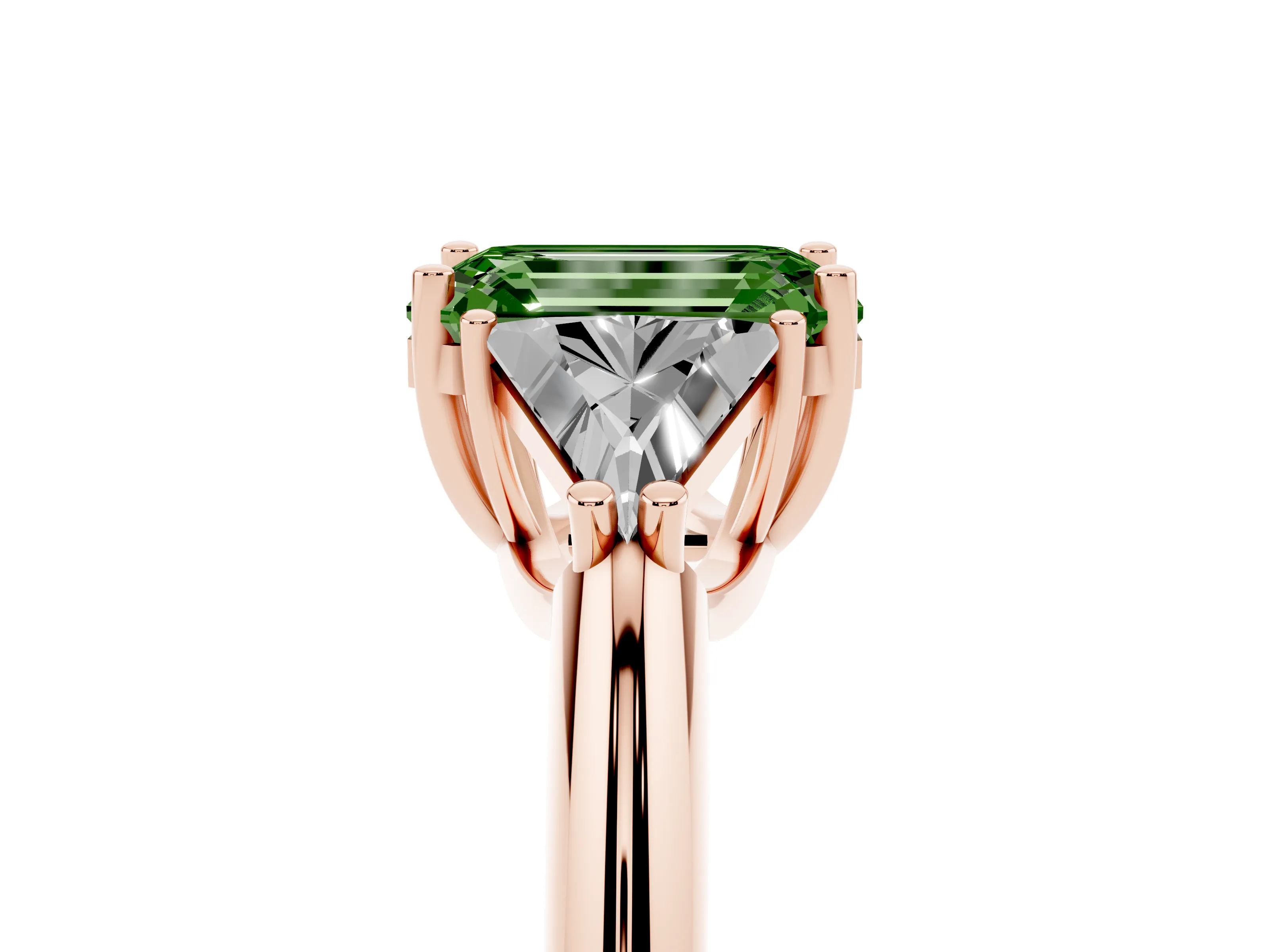 Fancy Green Emerald Cut Diamond Three-Stone Engagement Ring Set in Rose gold with Trillion Side Stones