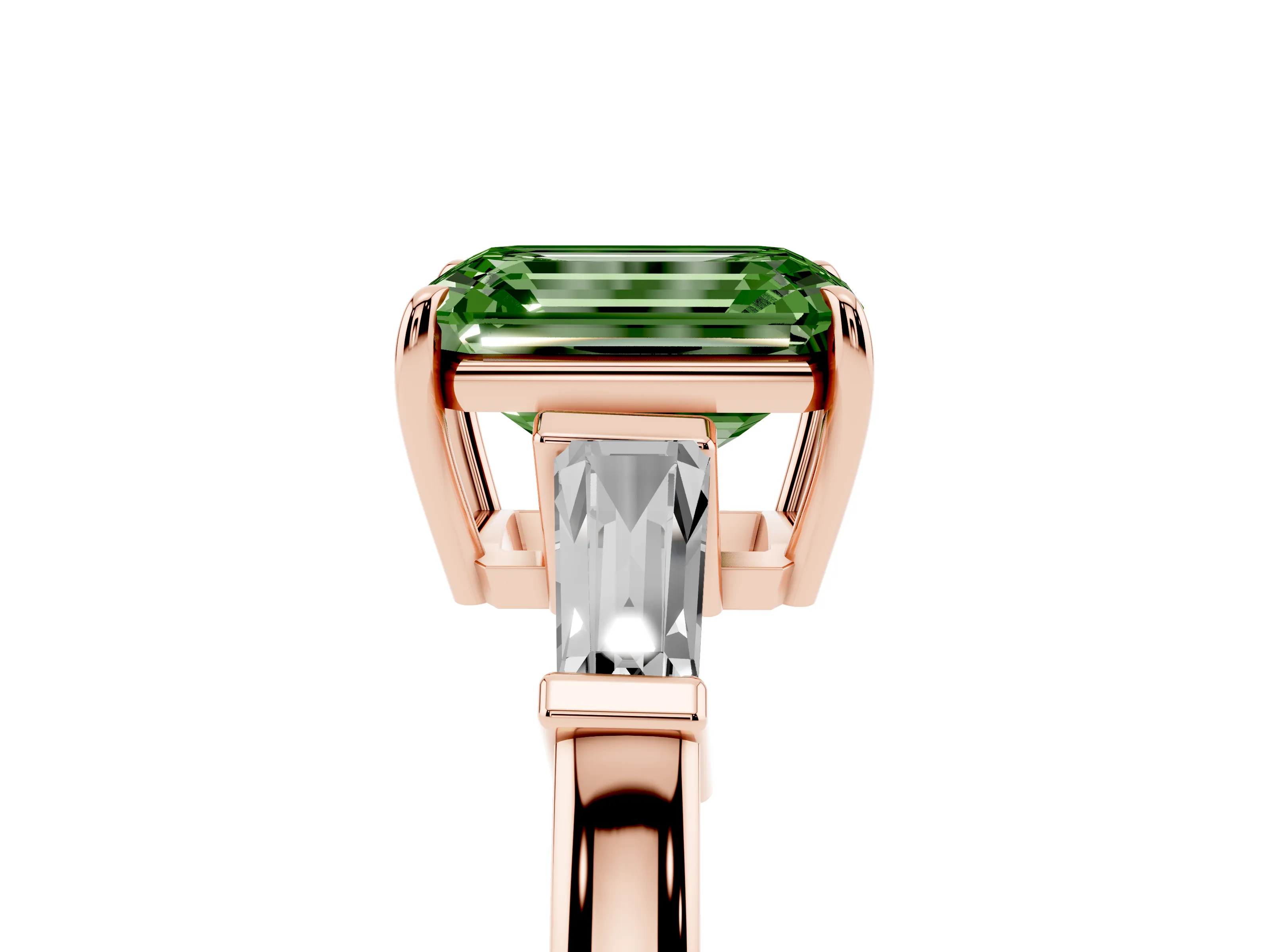 Fancy Green Emerald Cut Diamond Three-Stone Ring Set in Rose gold with Tapered Baguette Side Stones and Prong Setting