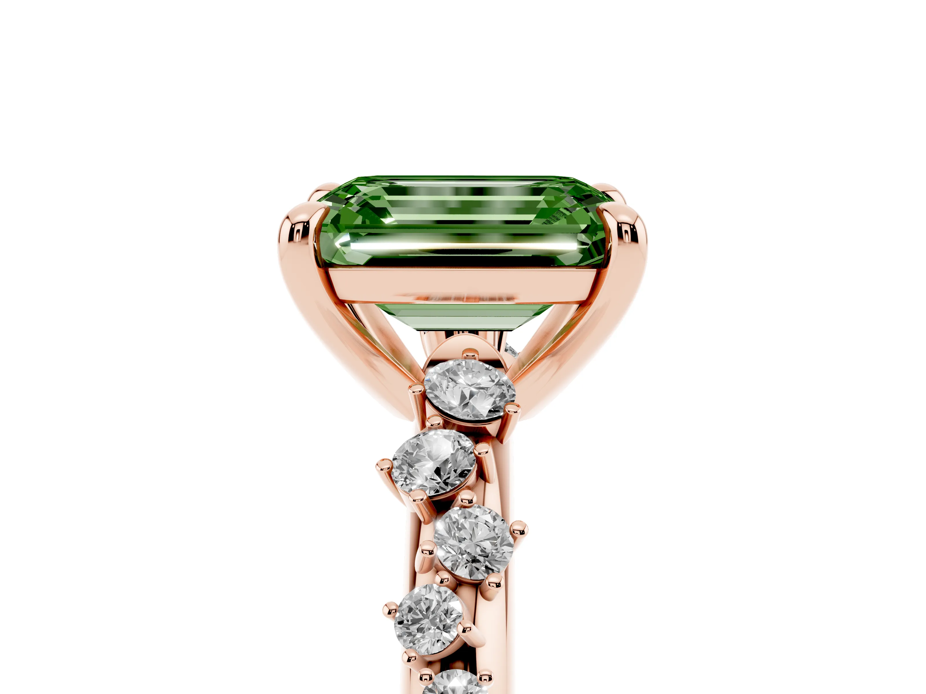 Fancy Green Emerald Cut Diamond Solitaire Vine Band Ring Set in Rose gold with Round Accents and Prong Setting