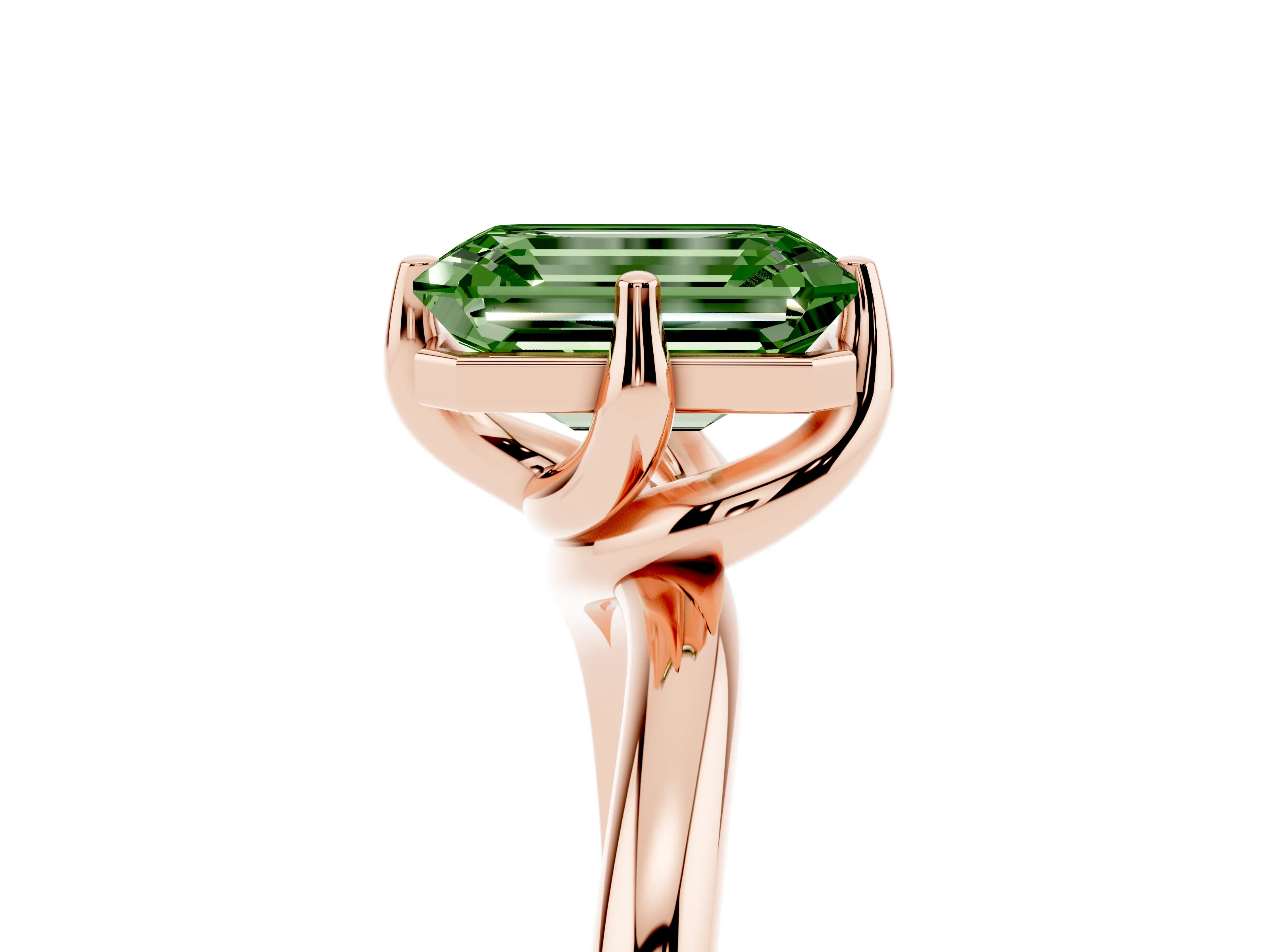 Fancy Green Emerald Cut Diamond Solitaire Engagement Ring Set in Rose gold with Classic Plain Band