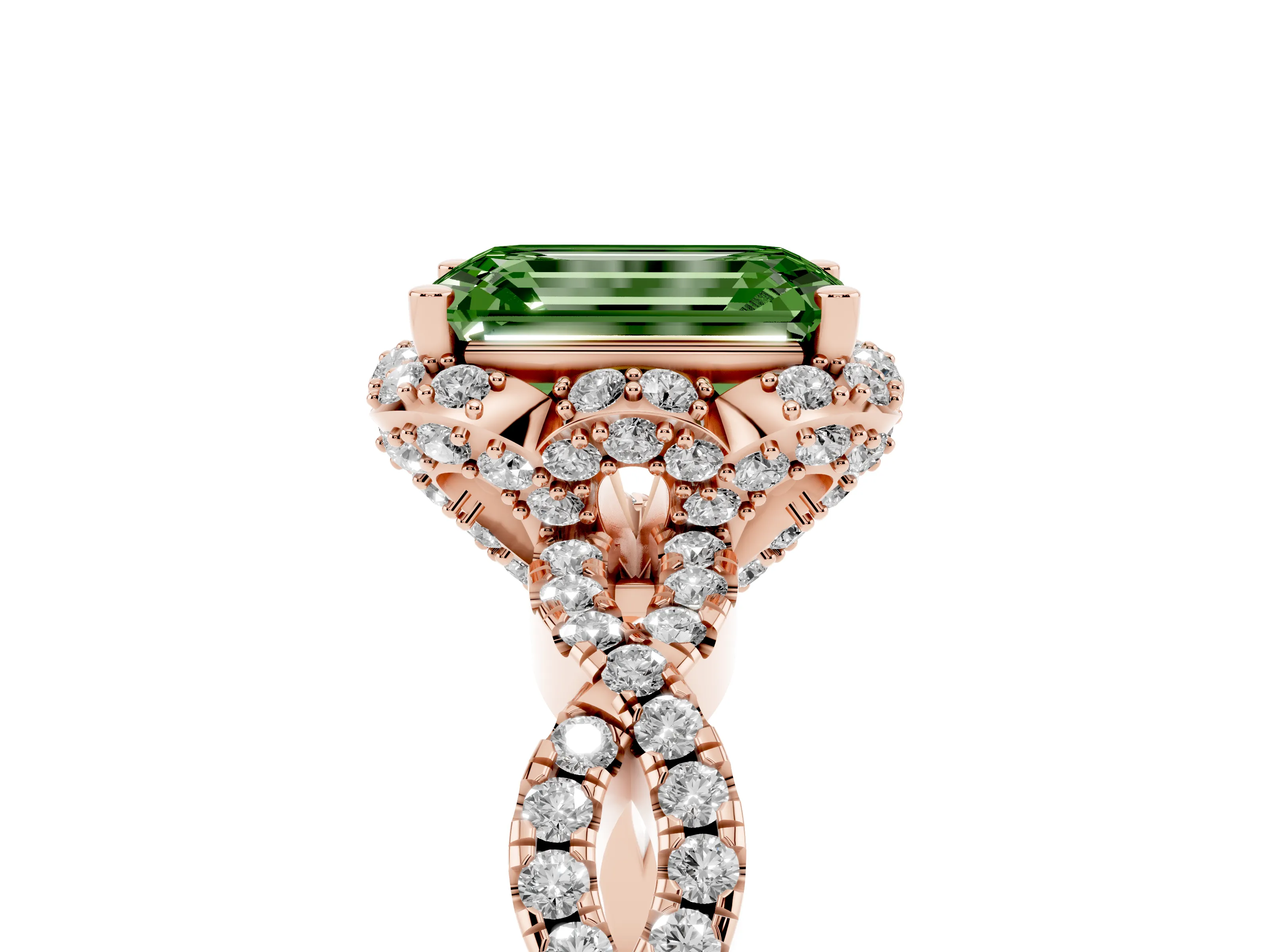 Fancy Green Emerald Cut Diamond Halo Twist Band Solitaire Ring Set in Rose gold with Prong-Set Center Stone