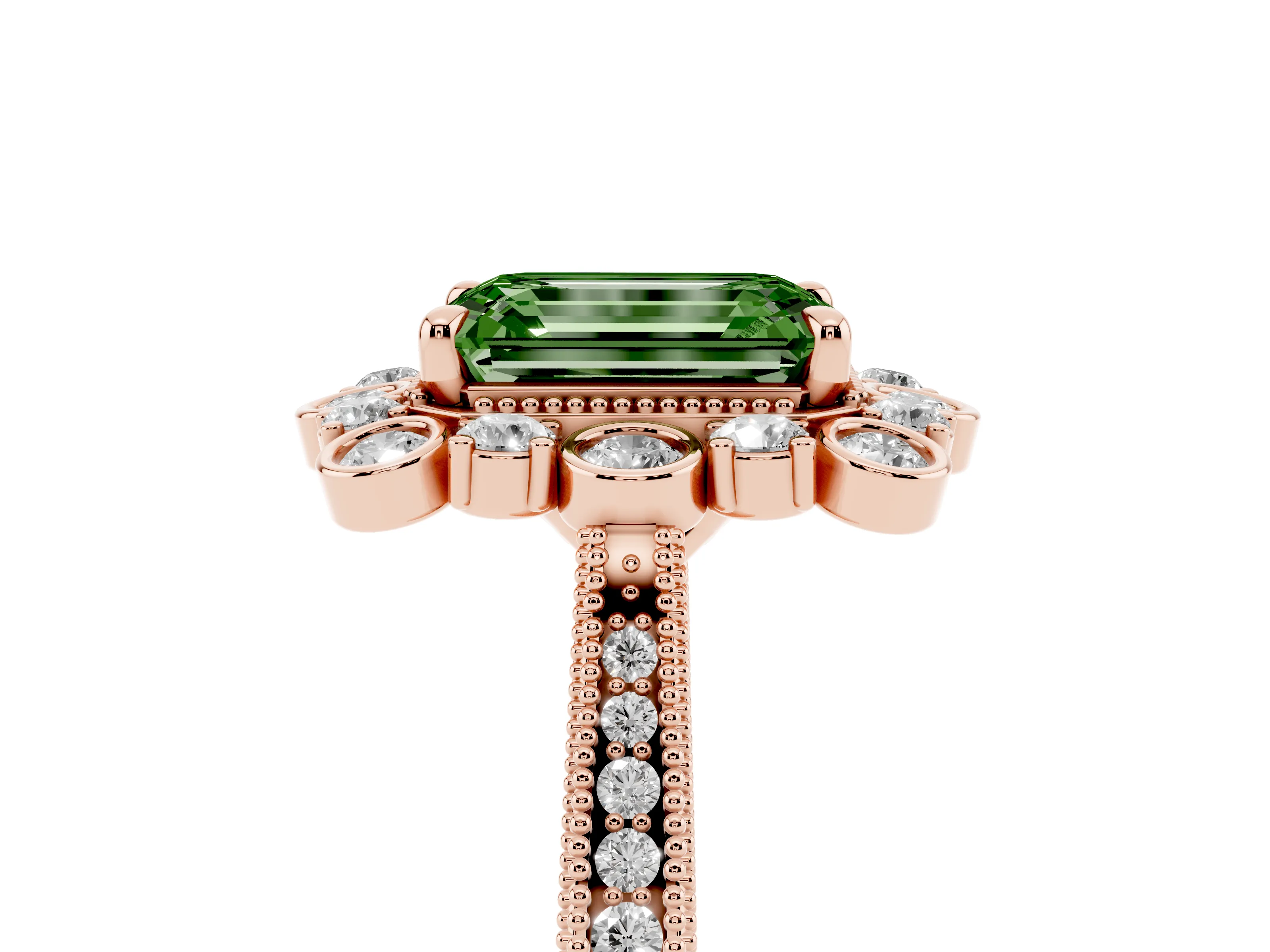 Fancy Green Emerald Cut Diamond Halo Milgrain Pavé Ring Set in Rose gold with Prong Setting