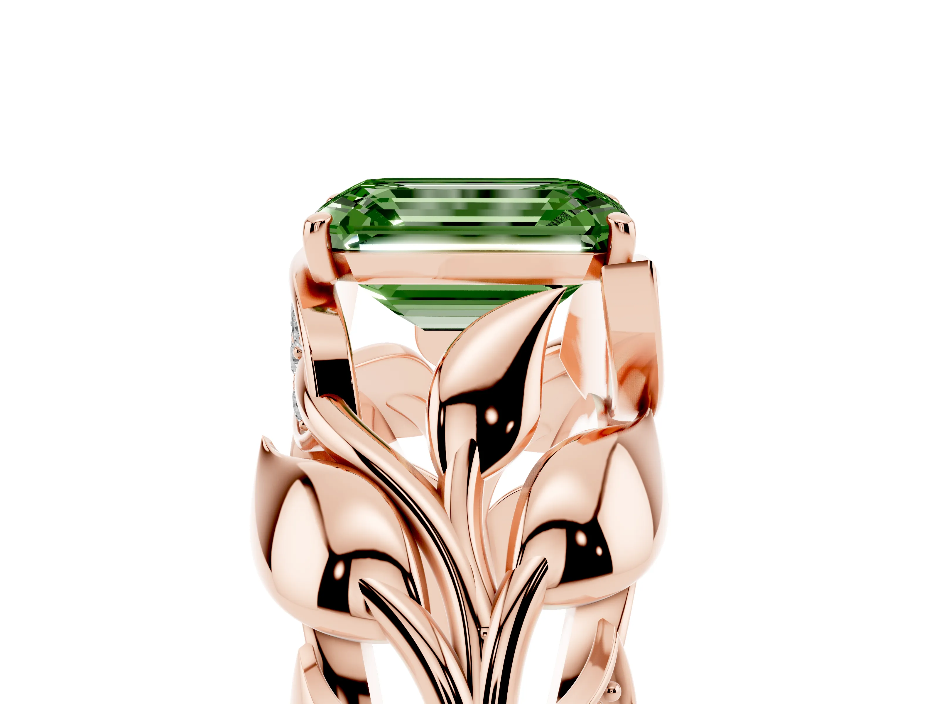 Fancy Green Emerald Cut Diamond Leaf-Inspired Engagement Ring Set in Rose gold with Round Accents