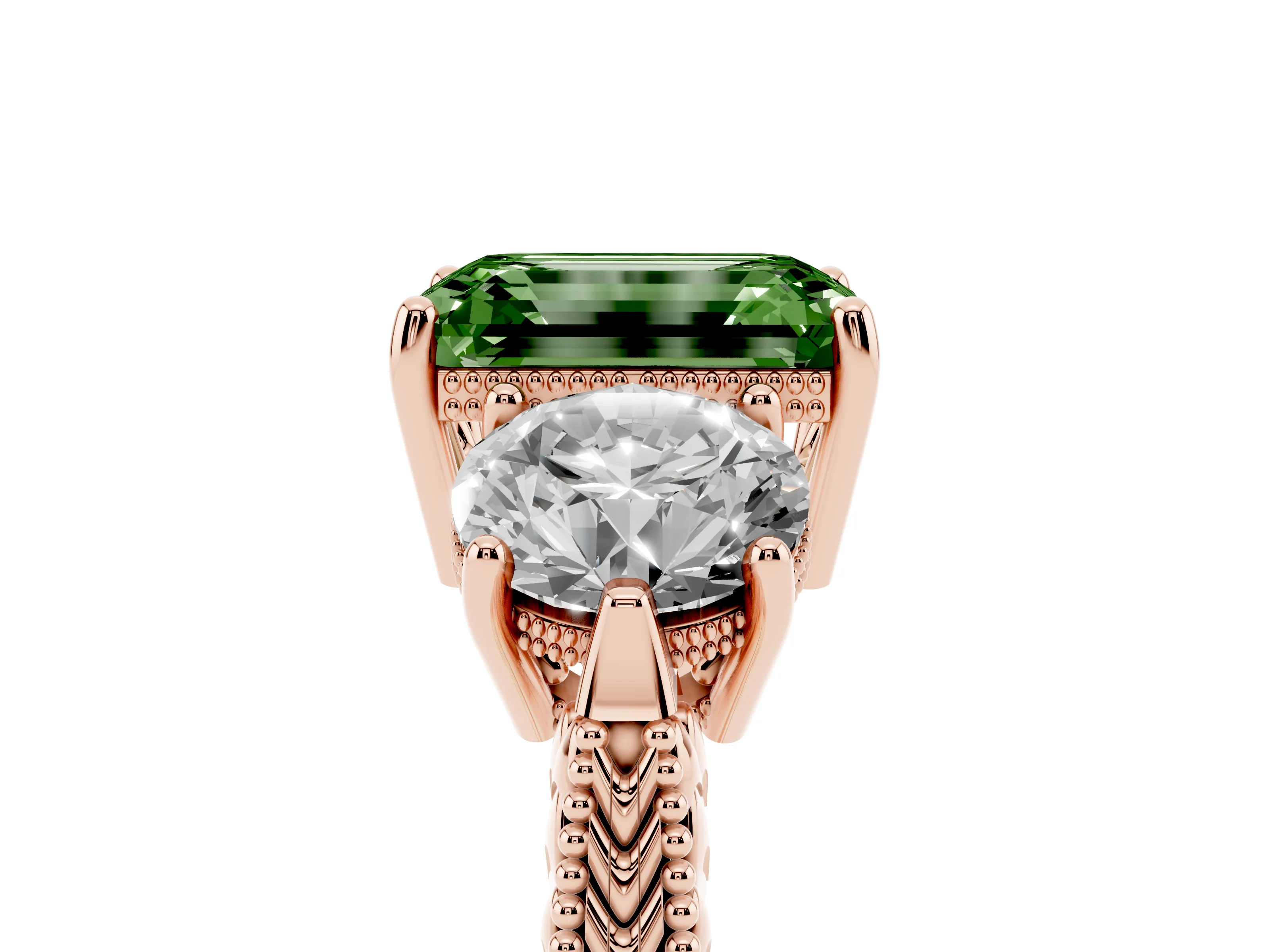 Fancy Green Emerald Cut Diamond Three-Stone Ring Set in Rose gold with Milgrain Band