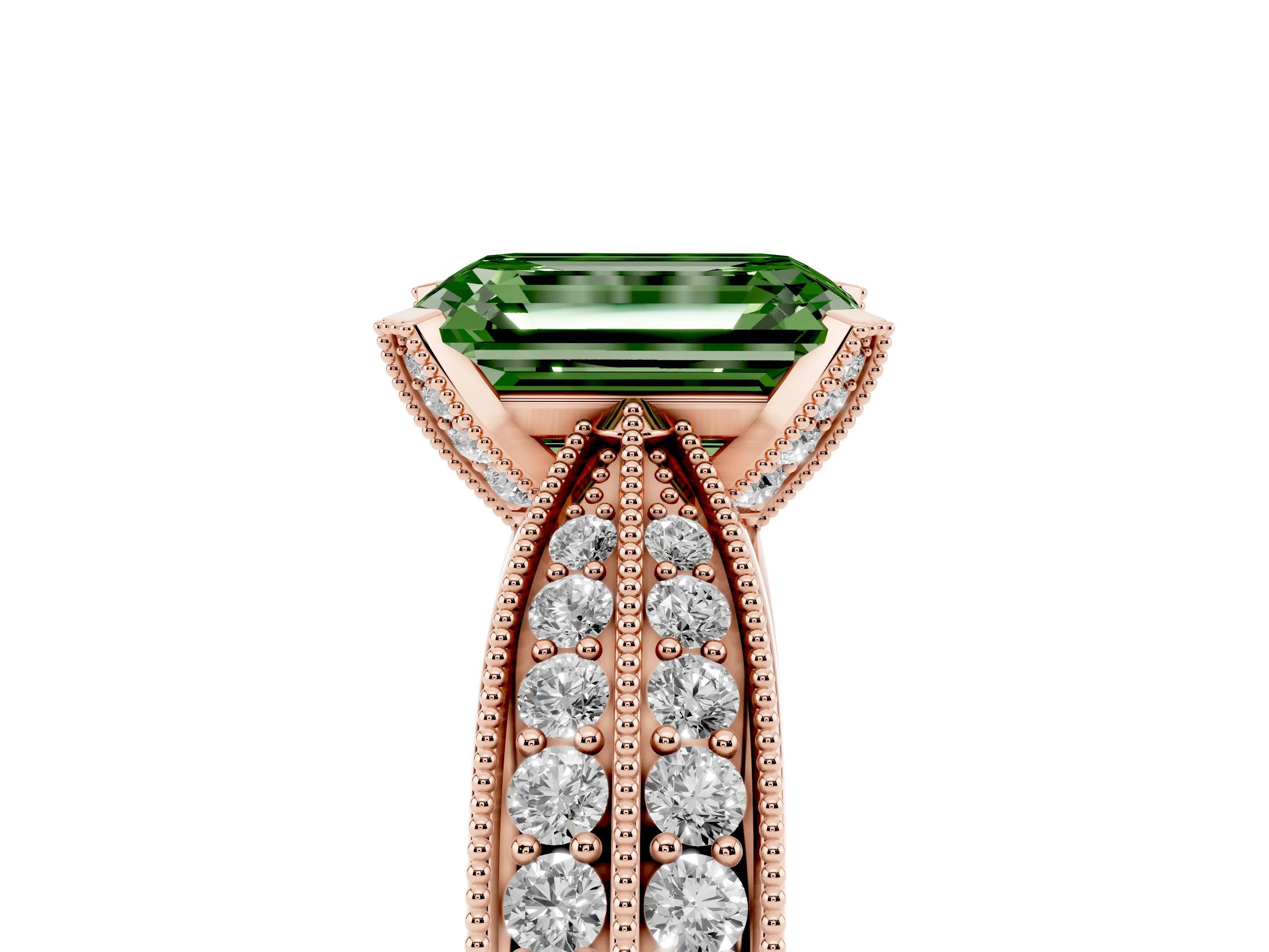 Fancy Green Emerald Cut Diamond Solitaire Ring Set in Rose gold with Milgrain Double Row Round Pavé Band
