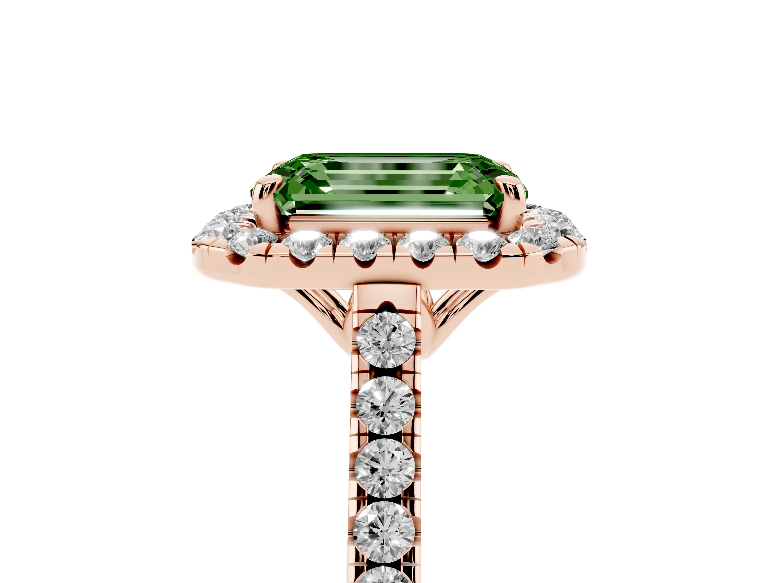 Fancy Green Emerald Cut Diamond Pavé Halo Engagement Ring Set in Rose gold with Pavé Band and Prong Setting