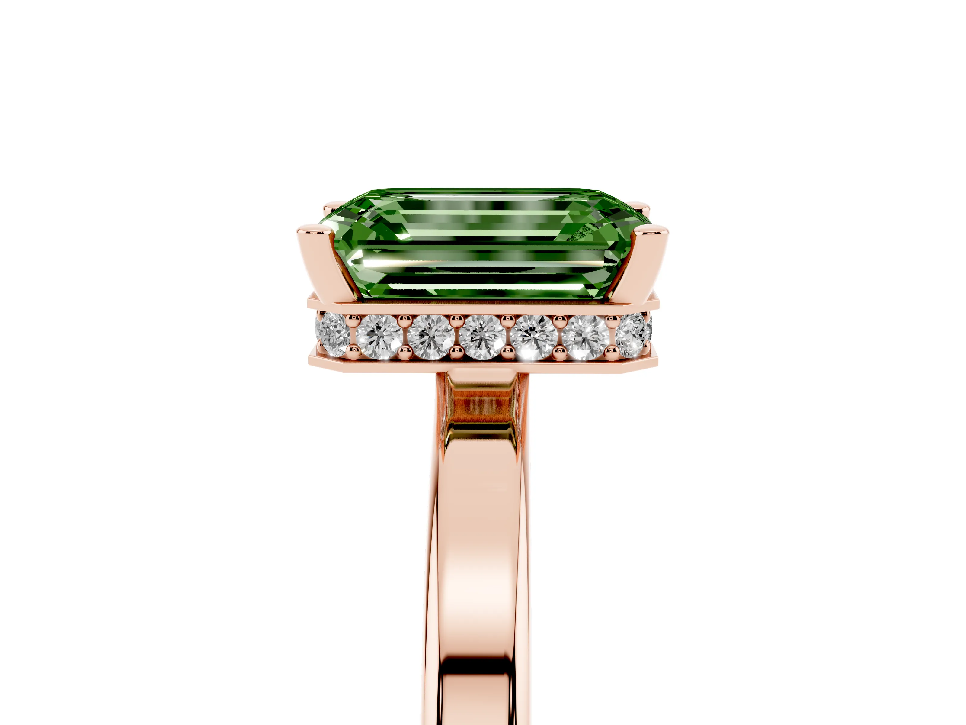 Fancy Green Emerald Cut Diamond Solitaire Engagement Ring Set in Rose gold with Prong Setting on a Plain Band
