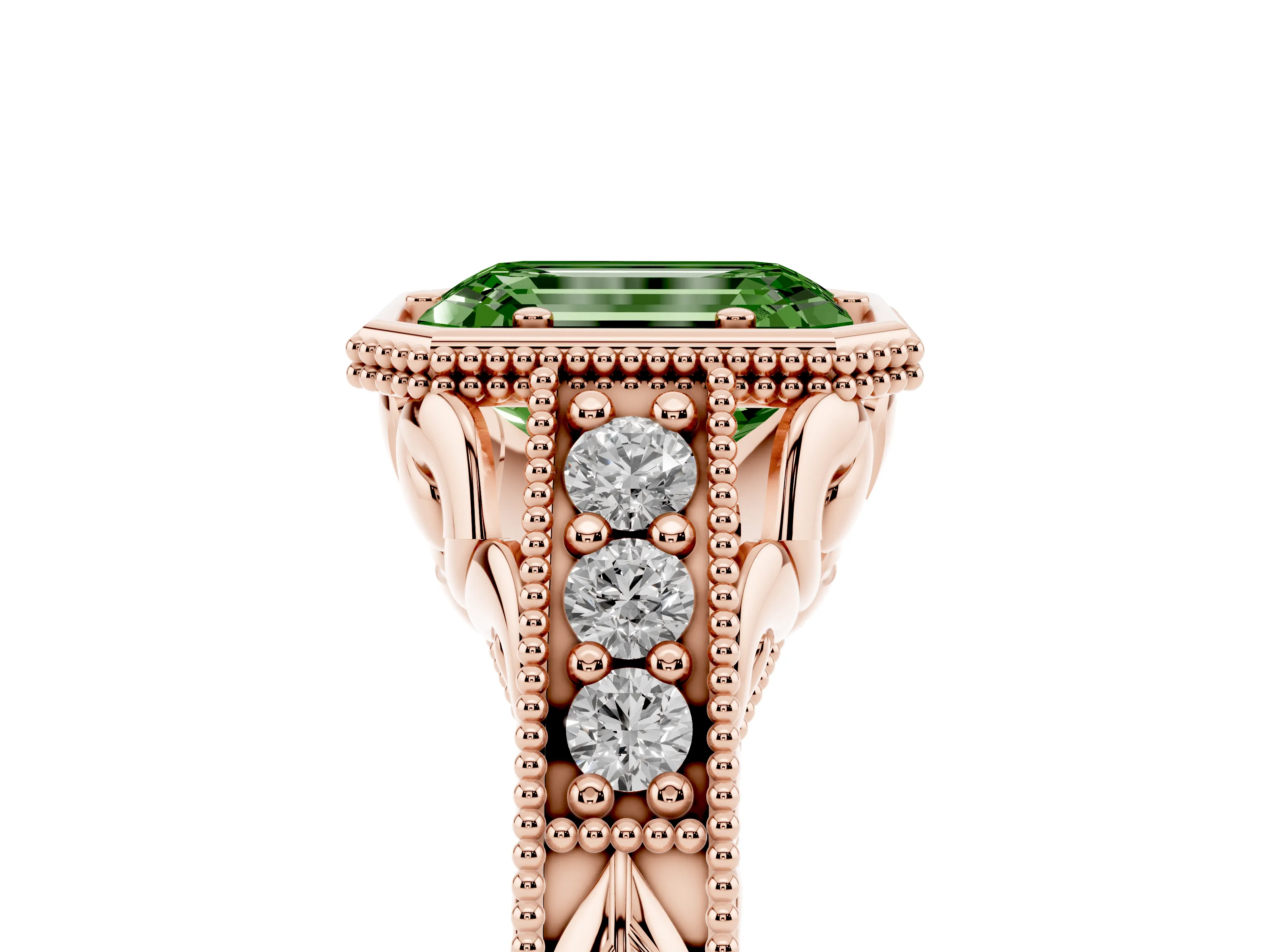Fancy Green Bezel Set Emerald Cut Diamond Milgrain Pavé Engagement Ring Set in Rose gold