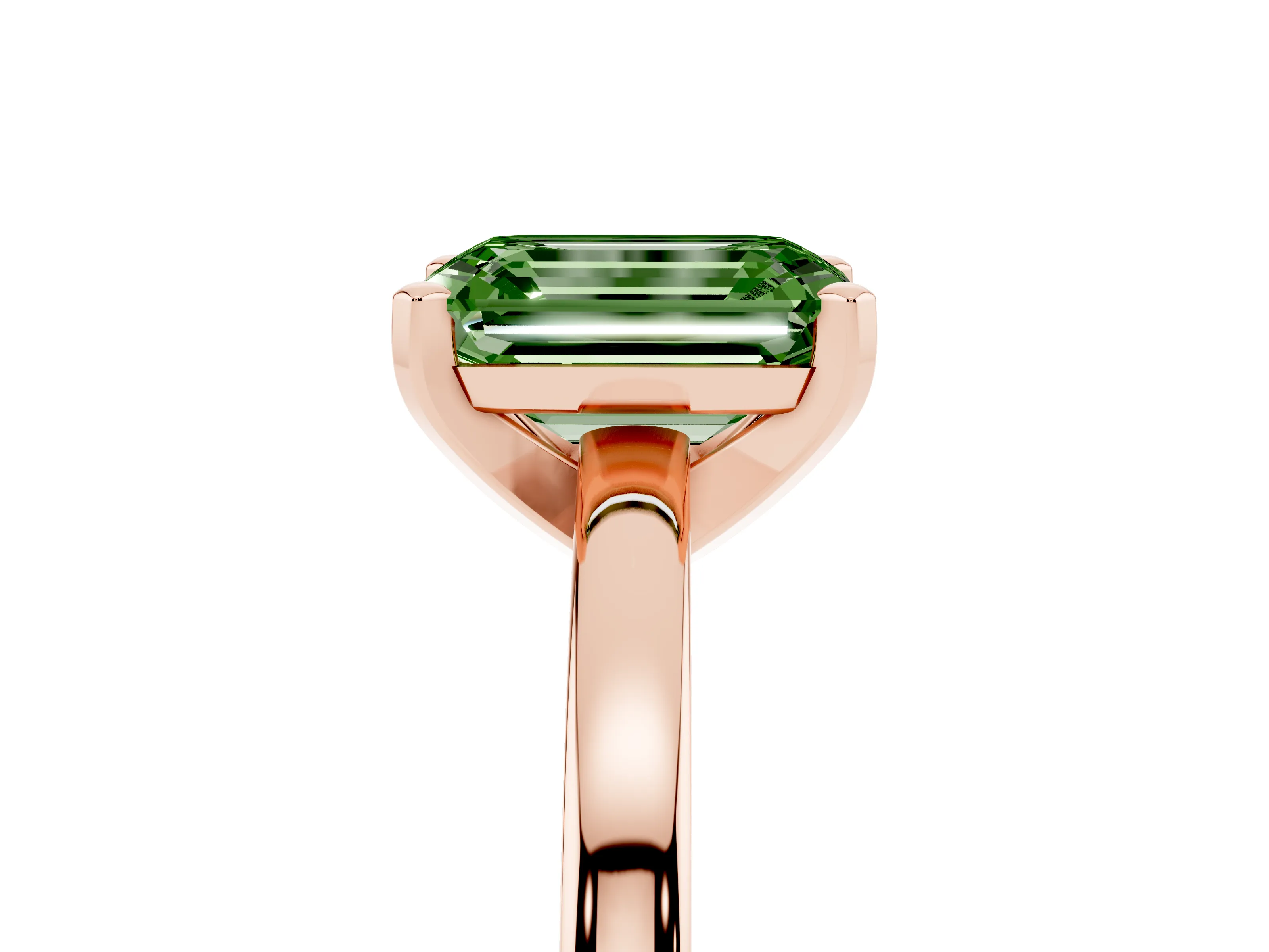 Fancy Green Emerald Cut Diamond Solitaire Engagement Ring Set in Rose gold with Prong Setting on a Classic Band