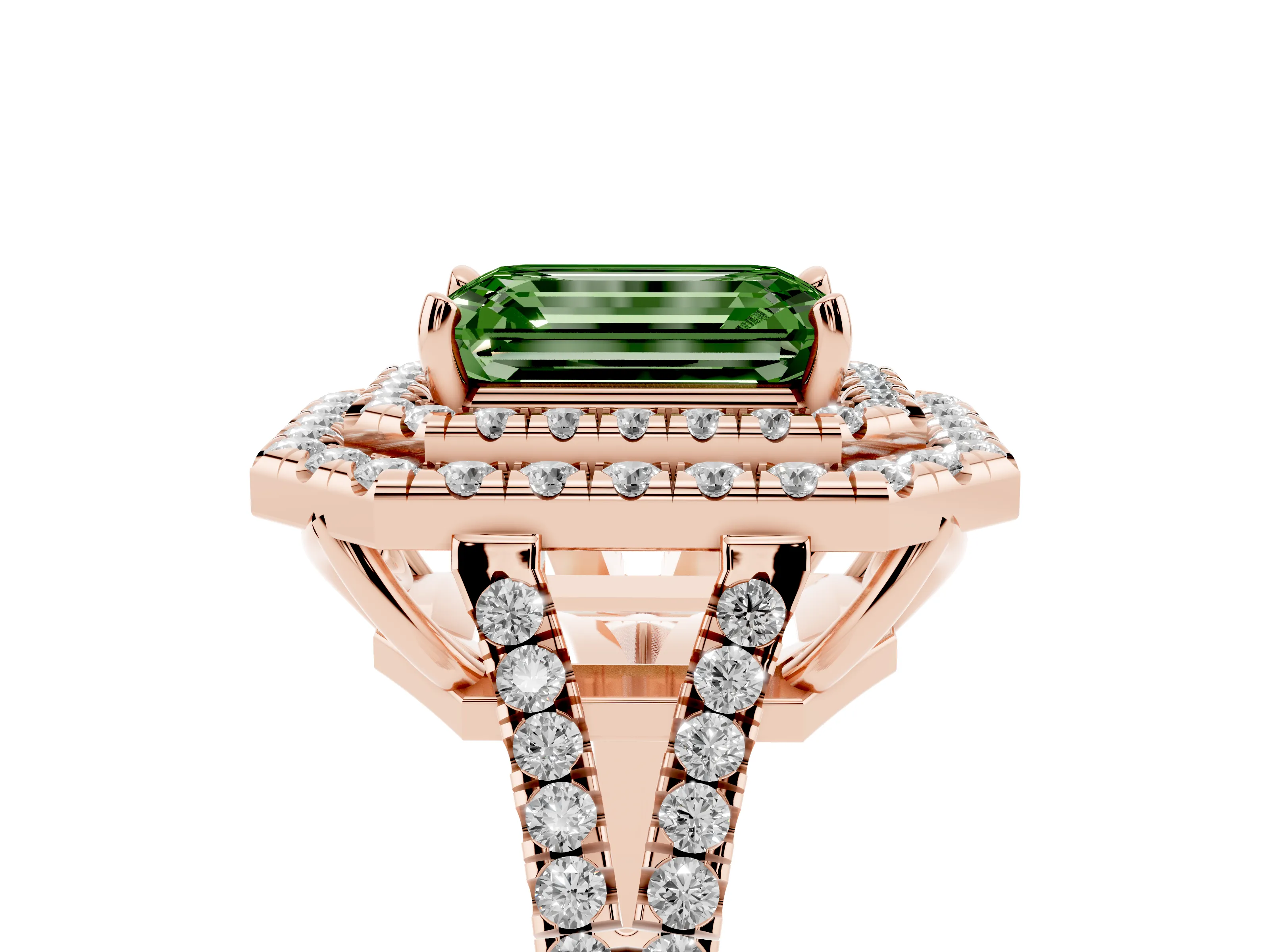 Fancy Green Emerald Cut Diamond Double Halo Ring Set in Rose gold with Pavé Band