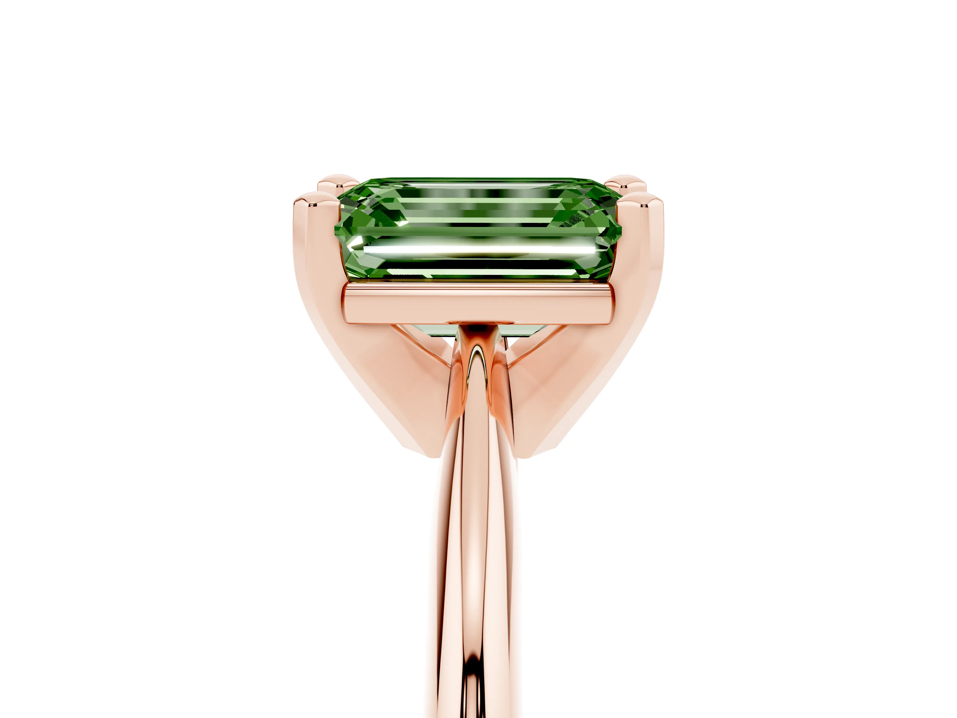 Fancy Green Emerald Cut Diamond Solitaire Ring Set in Rose gold with Prong Setting on a Plain Round Band