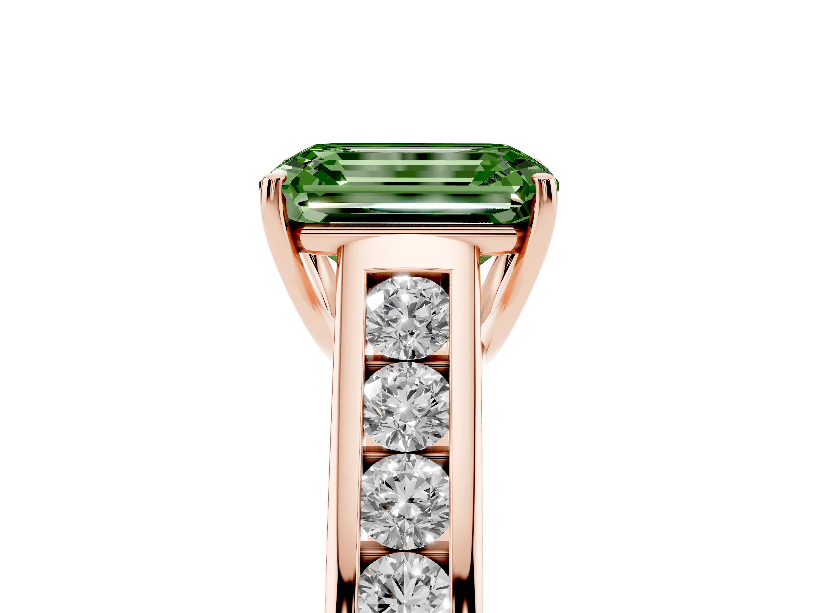 Fancy Green Emerald Cut Diamond Solitaire Channel-Set Engagement Ring Set in Rose gold with Prong Setting