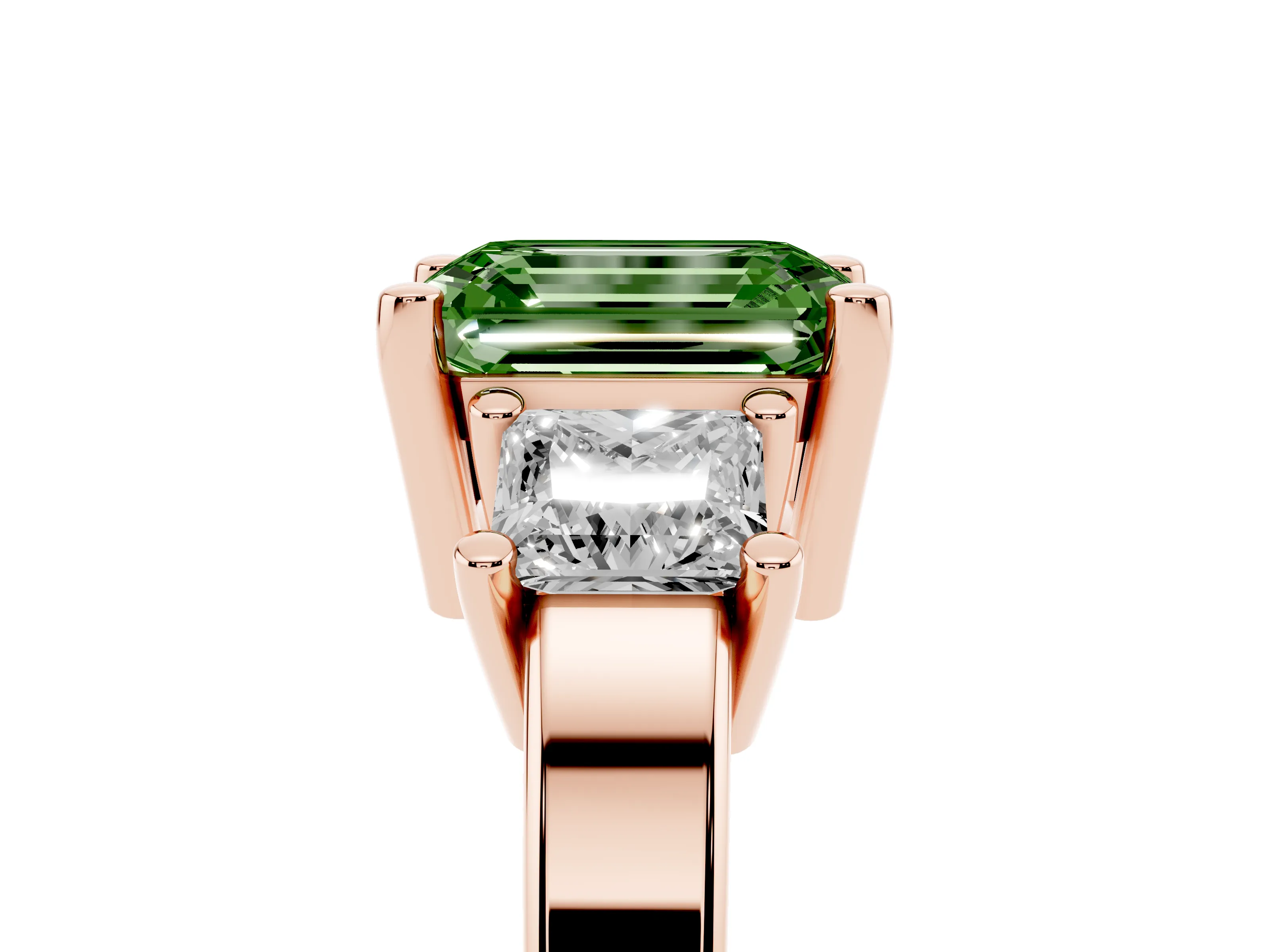 Fancy Green Three-Stone Emerald Cut Diamond Solitaire Ring Set in Rose gold with Prong Setting
