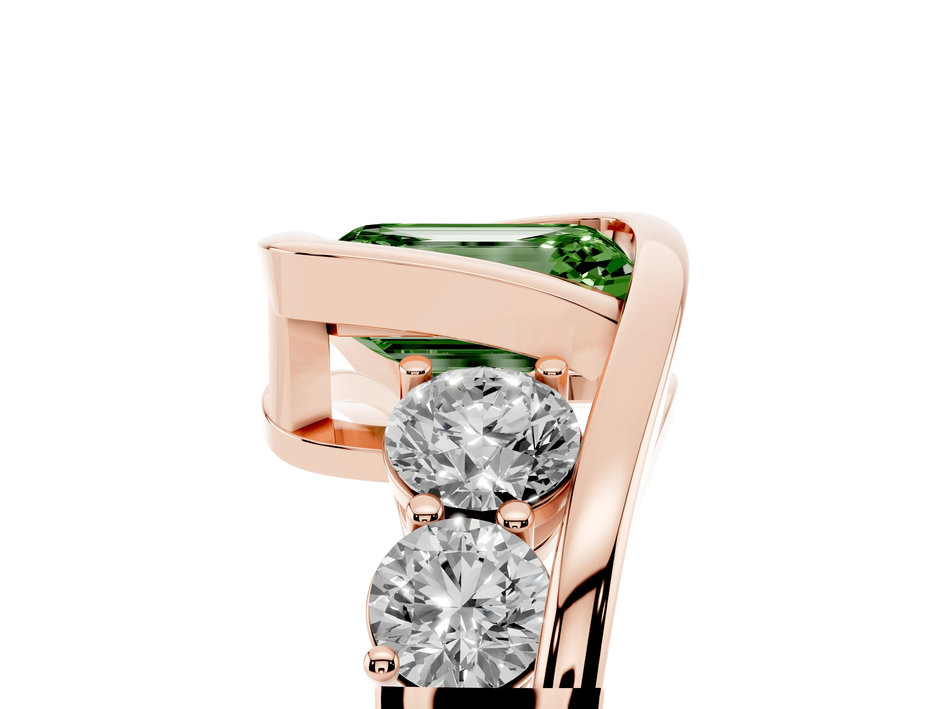 Fancy Green Emerald Cut Diamond Bezel Bypass Ring Set in Rose gold with Round Accents