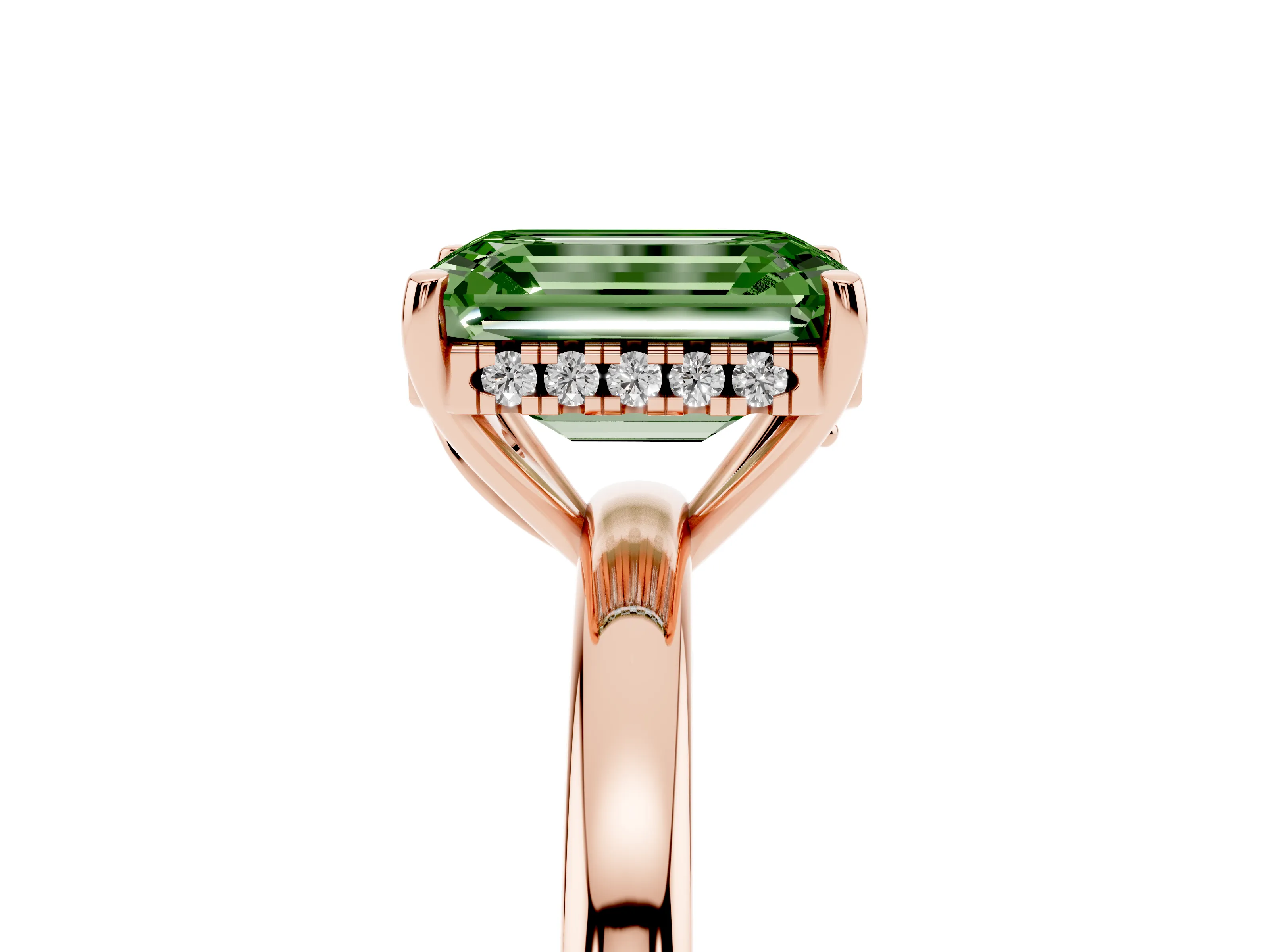 Fancy Green Emerald Cut Diamond Solitaire Ring Set in Rose gold with Plain Band and Prong Setting