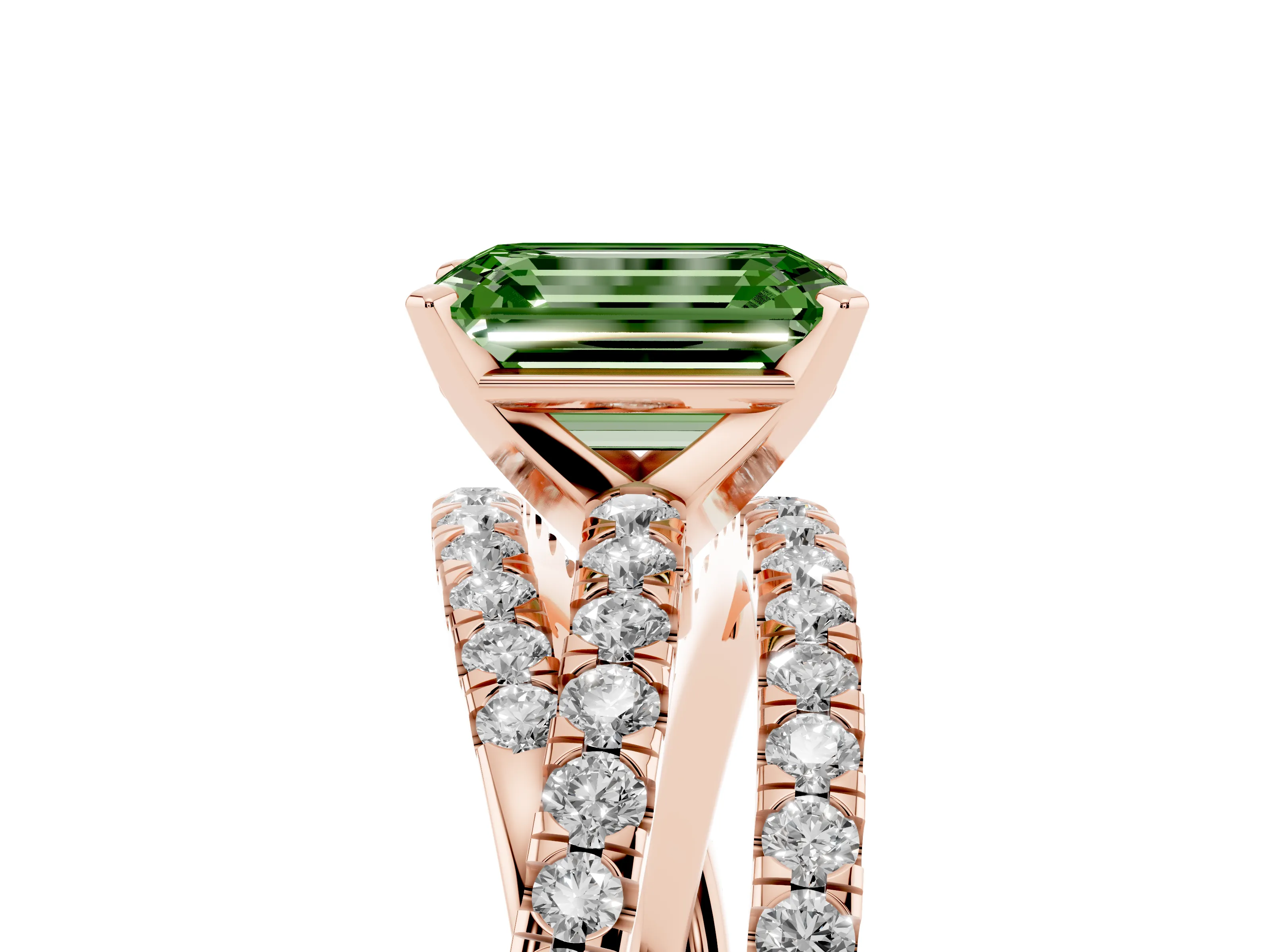 Fancy Green Emerald Cut Diamond Solitaire Twist Band Ring Set in Rose gold with Pavé Setting and Prong Head