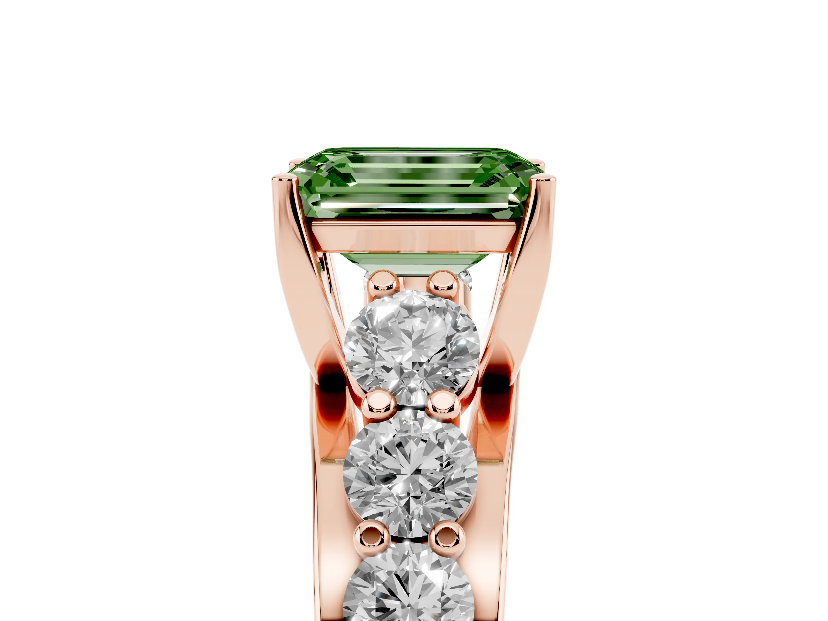 Fancy Green Emerald Cut Diamond Pavé Engagement Ring Set in Rose gold with Prong Setting