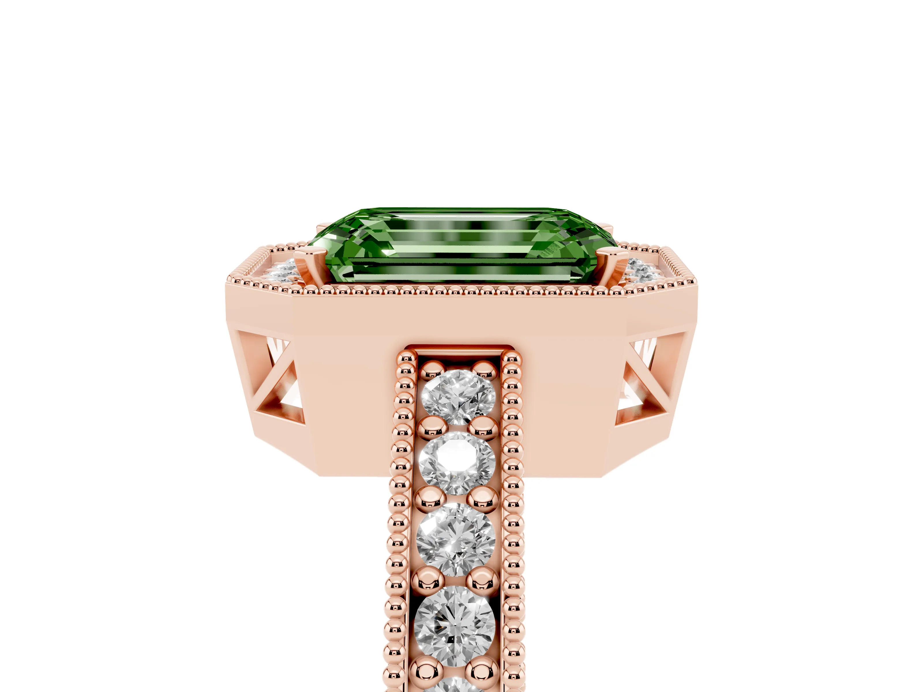 Fancy Green Emerald Cut Diamond Halo Pavé Band Ring Set in Rose gold with Prong-Set Center