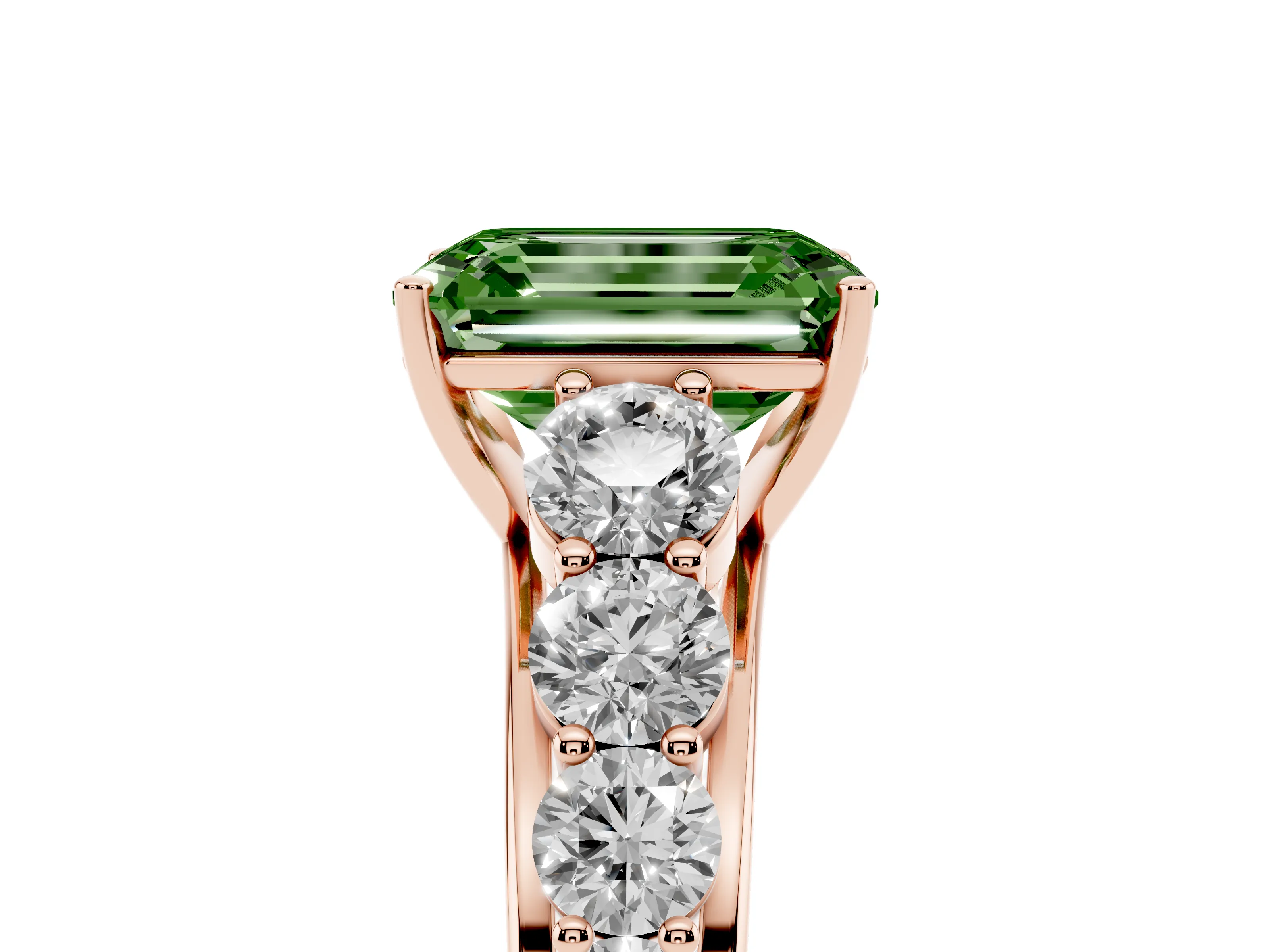 Fancy Green Emerald Cut Diamond Solitaire Ring Set in Rose gold with Pavé-Set Band and Prong Setting