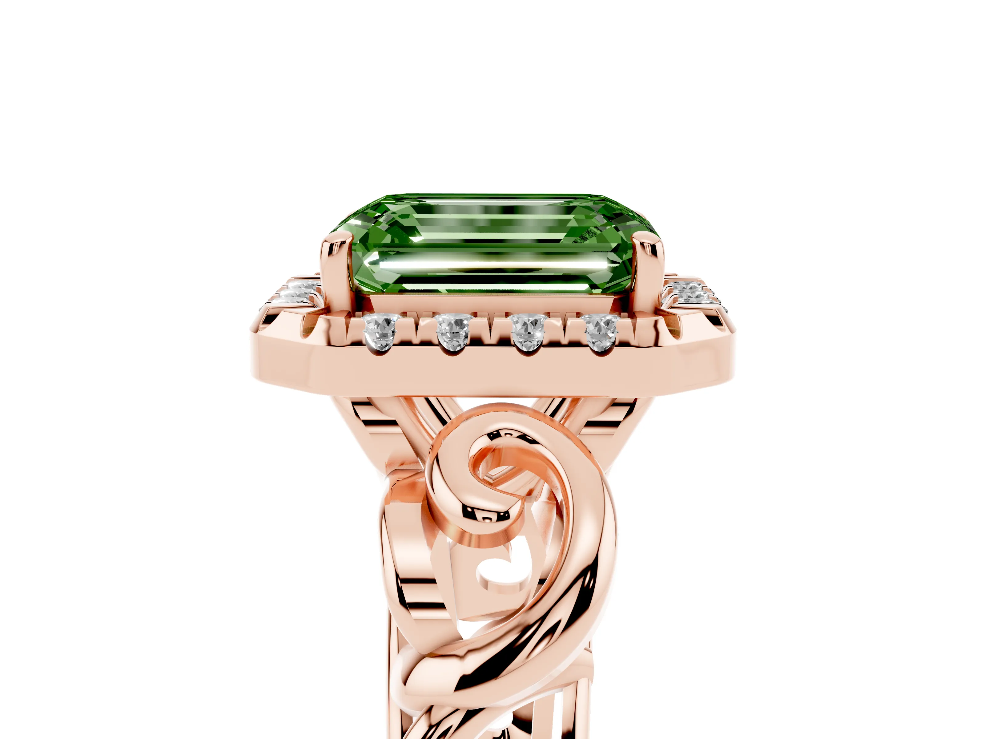 Fancy Green Emerald Cut Diamond Halo Ring Set in Rose gold with Scrollwork Band and Prong Setting
