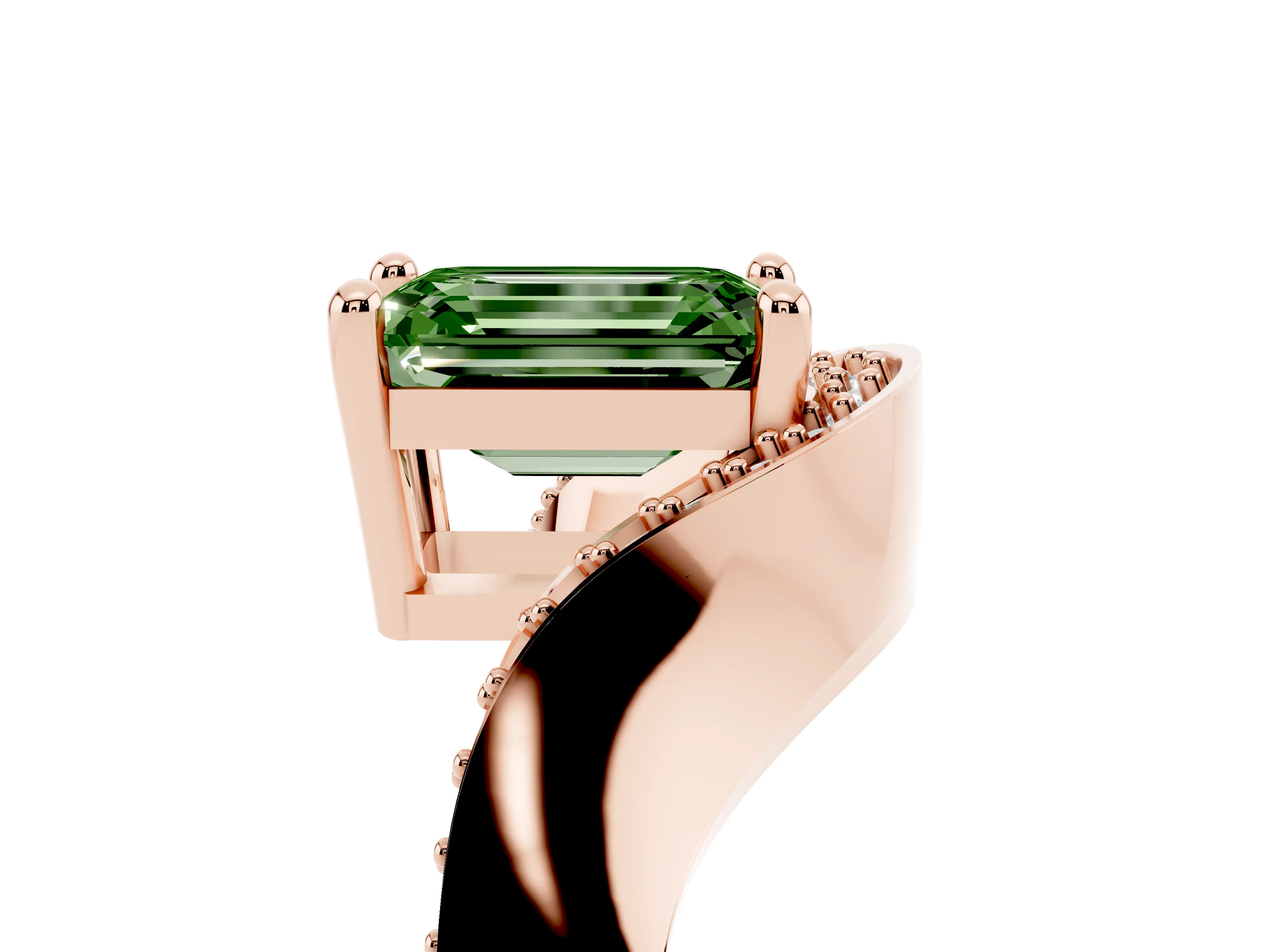Fancy Green Emerald Cut Diamond Solitaire Engagement Ring Set in Rose gold with Pavé Shoulders