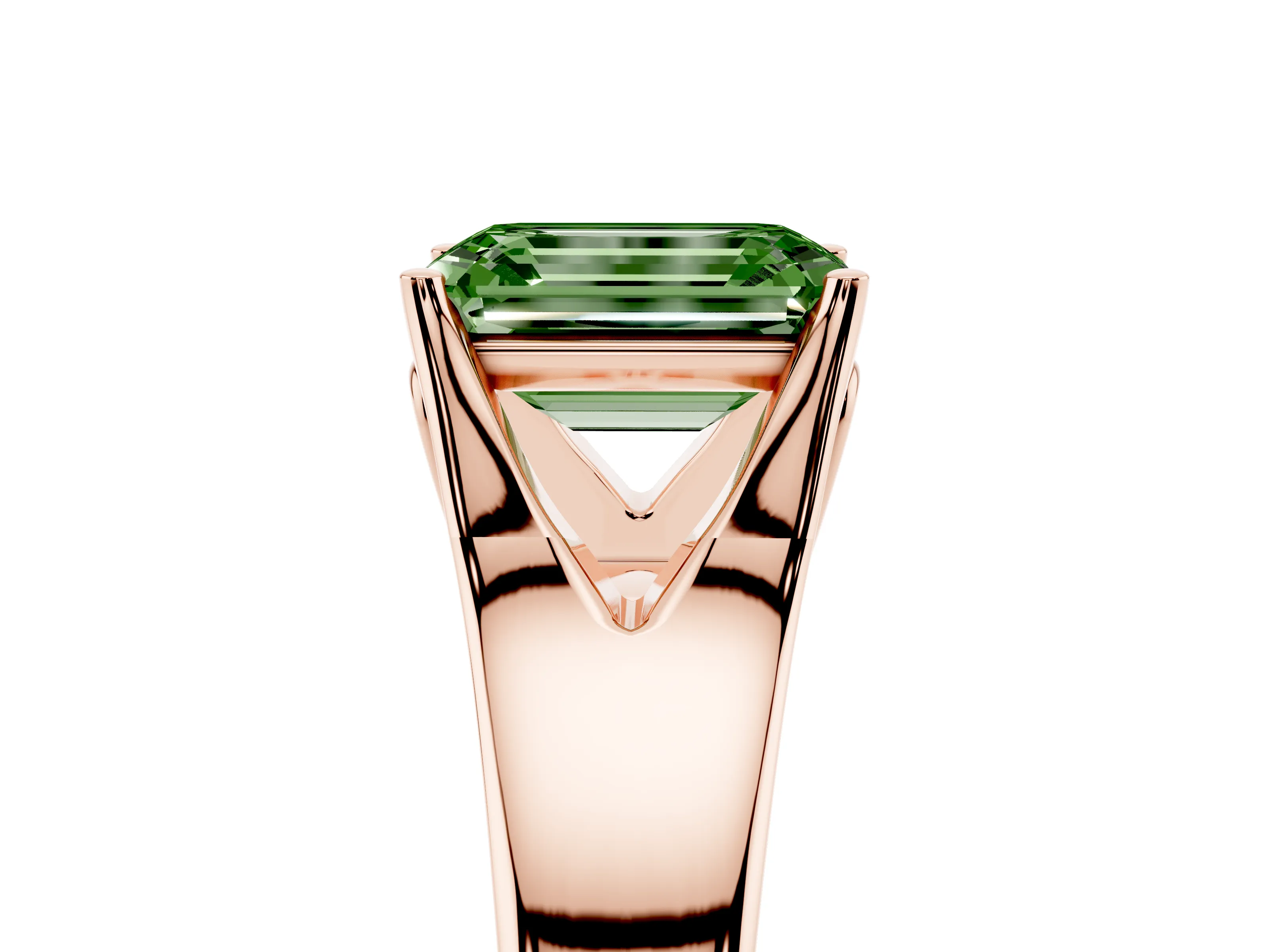 Fancy Green Emerald Cut Diamond Solitaire Ring Set in Rose gold with Arched Cathedral Band and Prong Setting