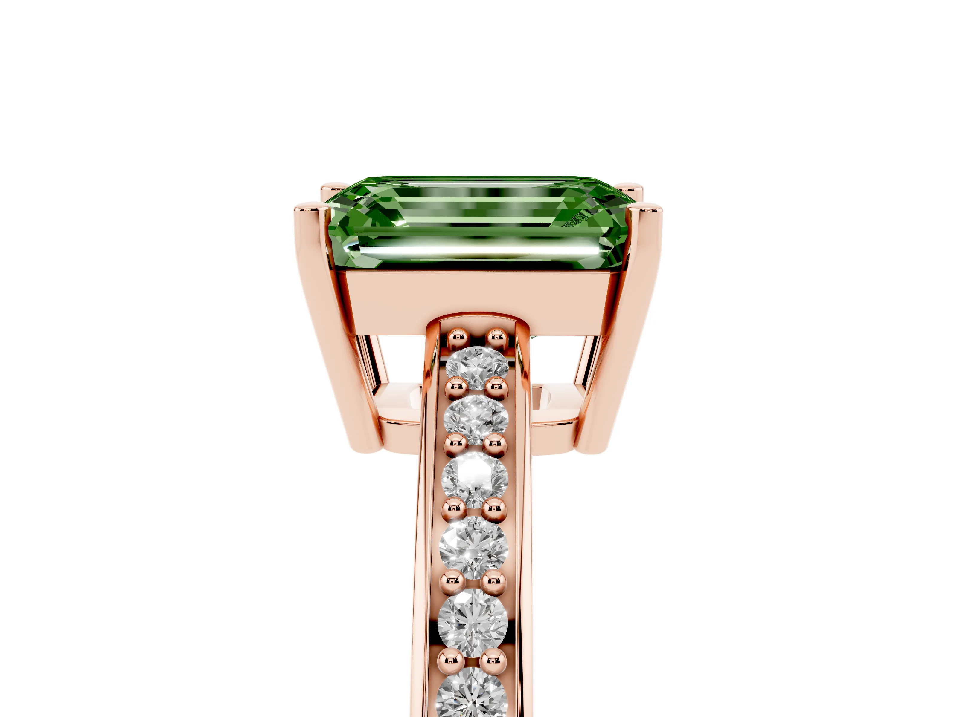 Fancy Green Emerald Cut Diamond Pavé Band Prong Set Solitaire Ring Set in Rose gold