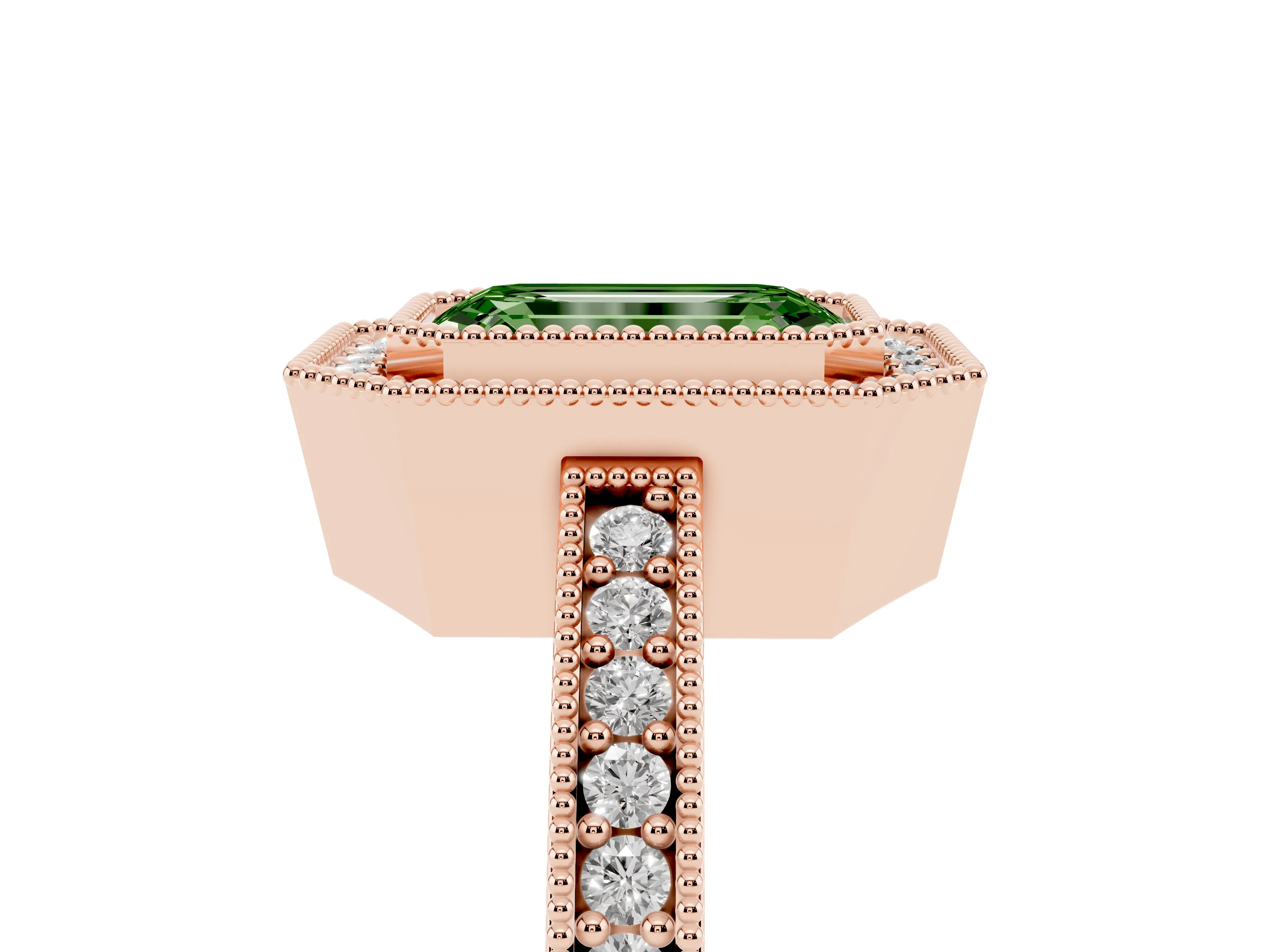 Fancy Green Emerald Cut Diamond Halo Engagement Ring Set in Rose gold with Pavé Band and Round Halo Stones