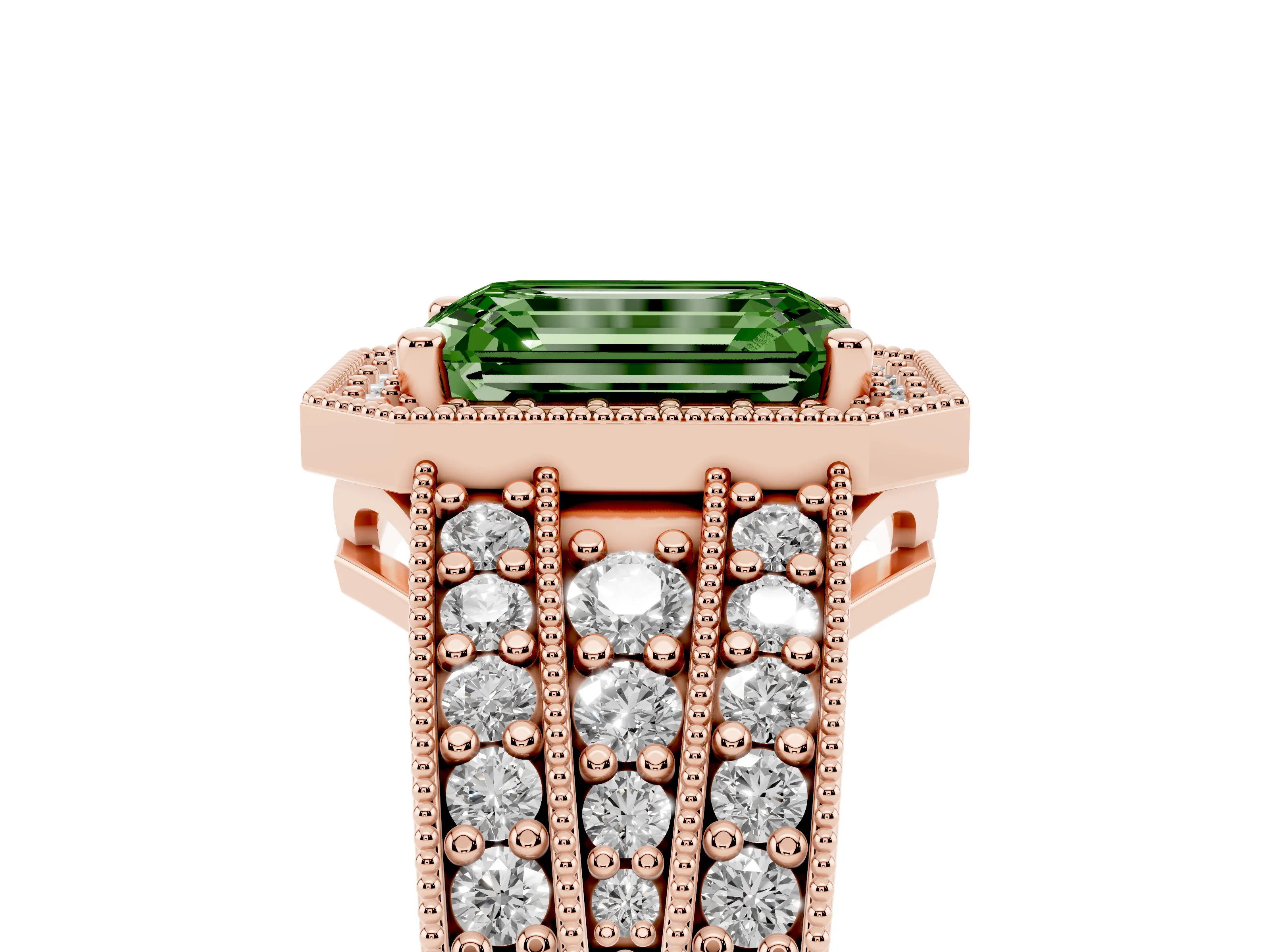 Fancy Green Emerald Cut Diamond Halo Ring Set in Rose gold with Accent Split Shank and Prong Setting
