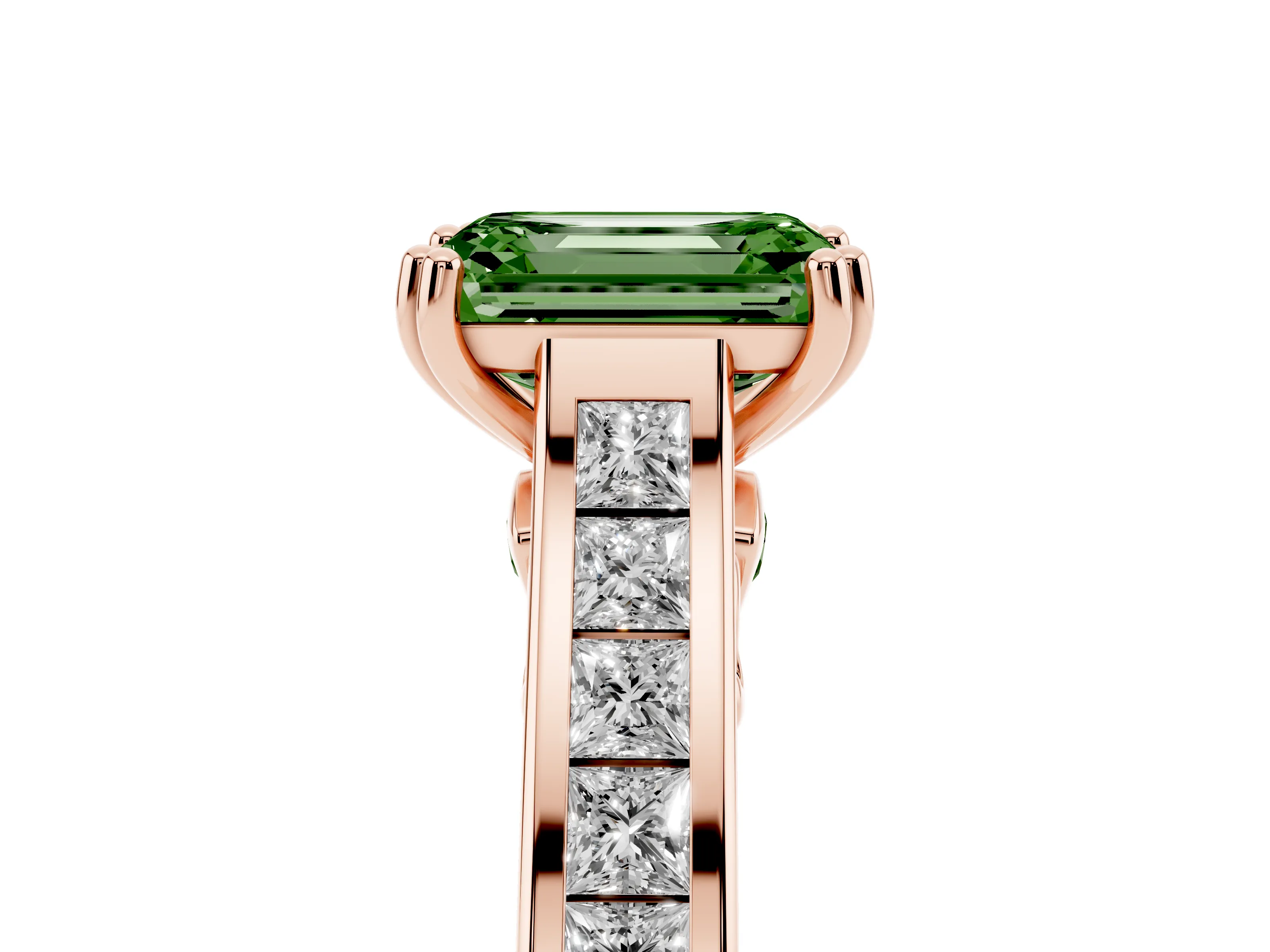 Fancy Green Emerald Cut Diamond Channel Set Solitaire Engagement Ring Set in Rose gold with Prong Setting