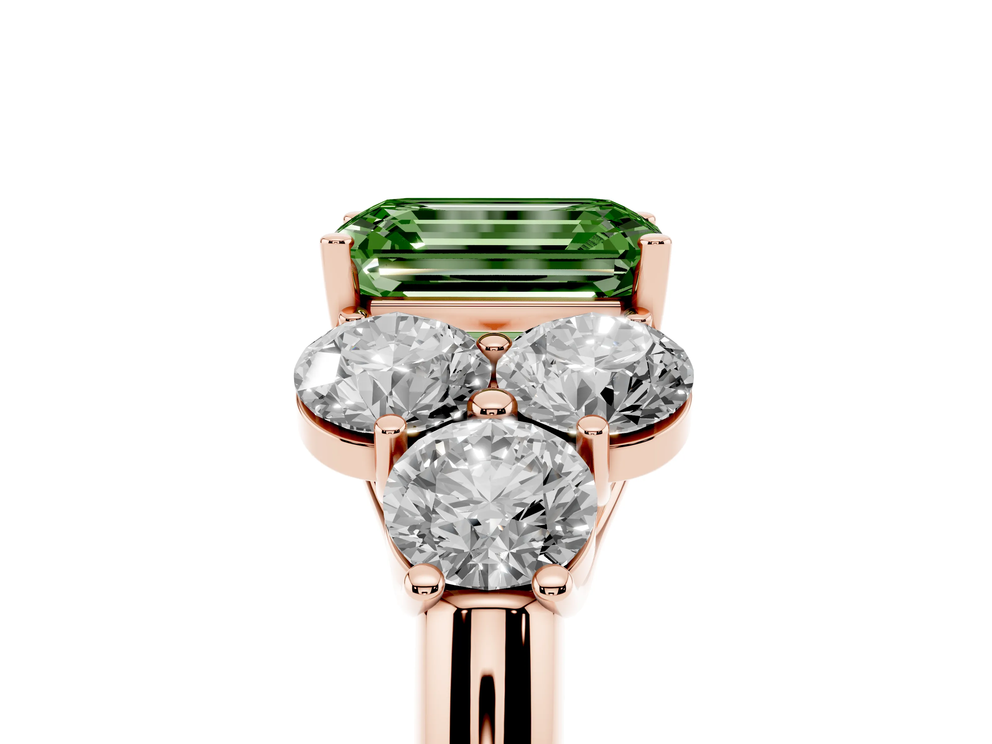 Fancy Green Emerald Cut Diamond Cluster Ring Set in Rose gold with Round Accent Stones and Prong Setting on a Plain Band