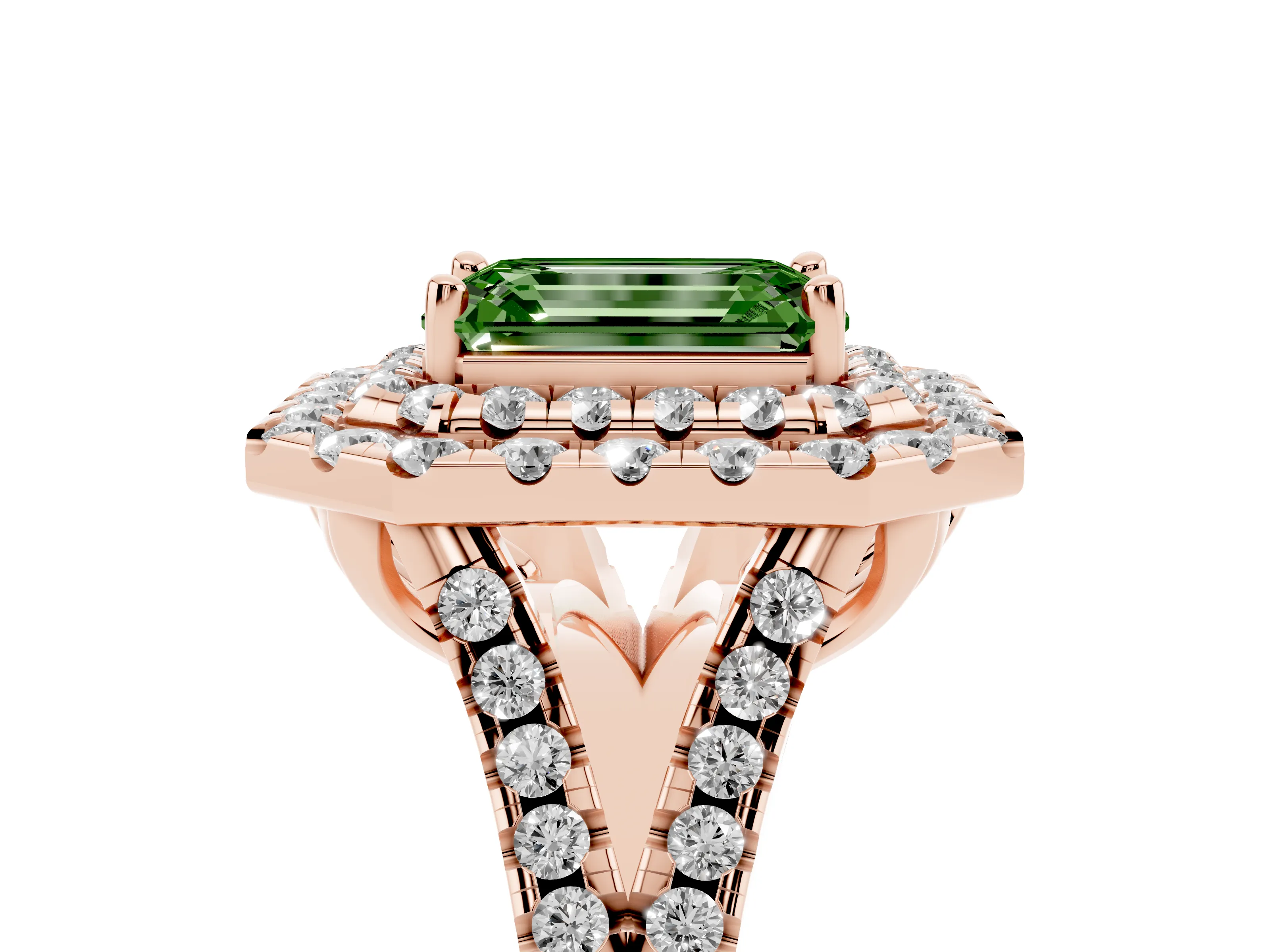 Fancy Green Emerald Cut Diamond Double Halo Ring Set in Rose gold with Pavé Split Shank and Prong Setting